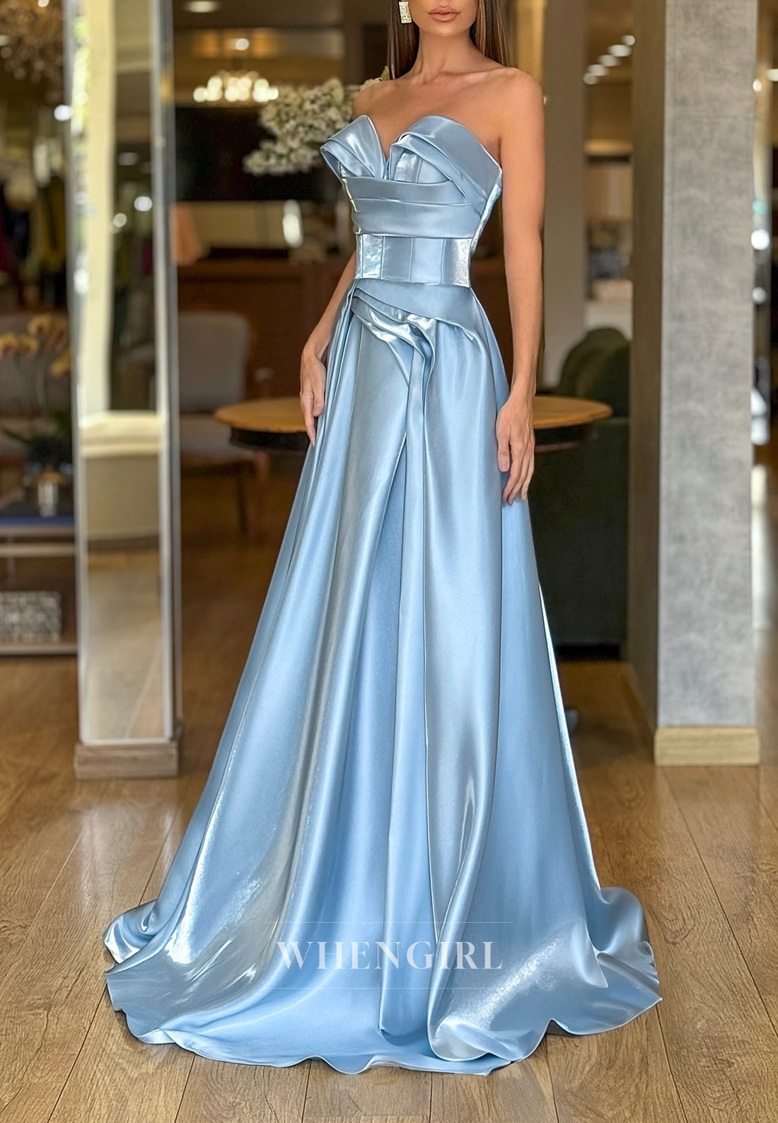 Sky Blue Sweetheart Sleeveless Pleated A-Line Satin Formal Evening Dress