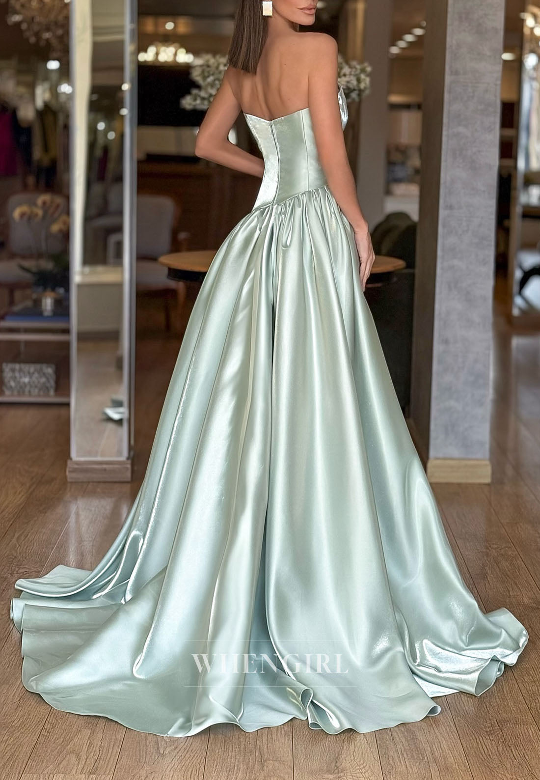 Mint Green One Shoulder Sleeveless Formal Dress Side Slit Pleated Satin A-Line Evening Gown