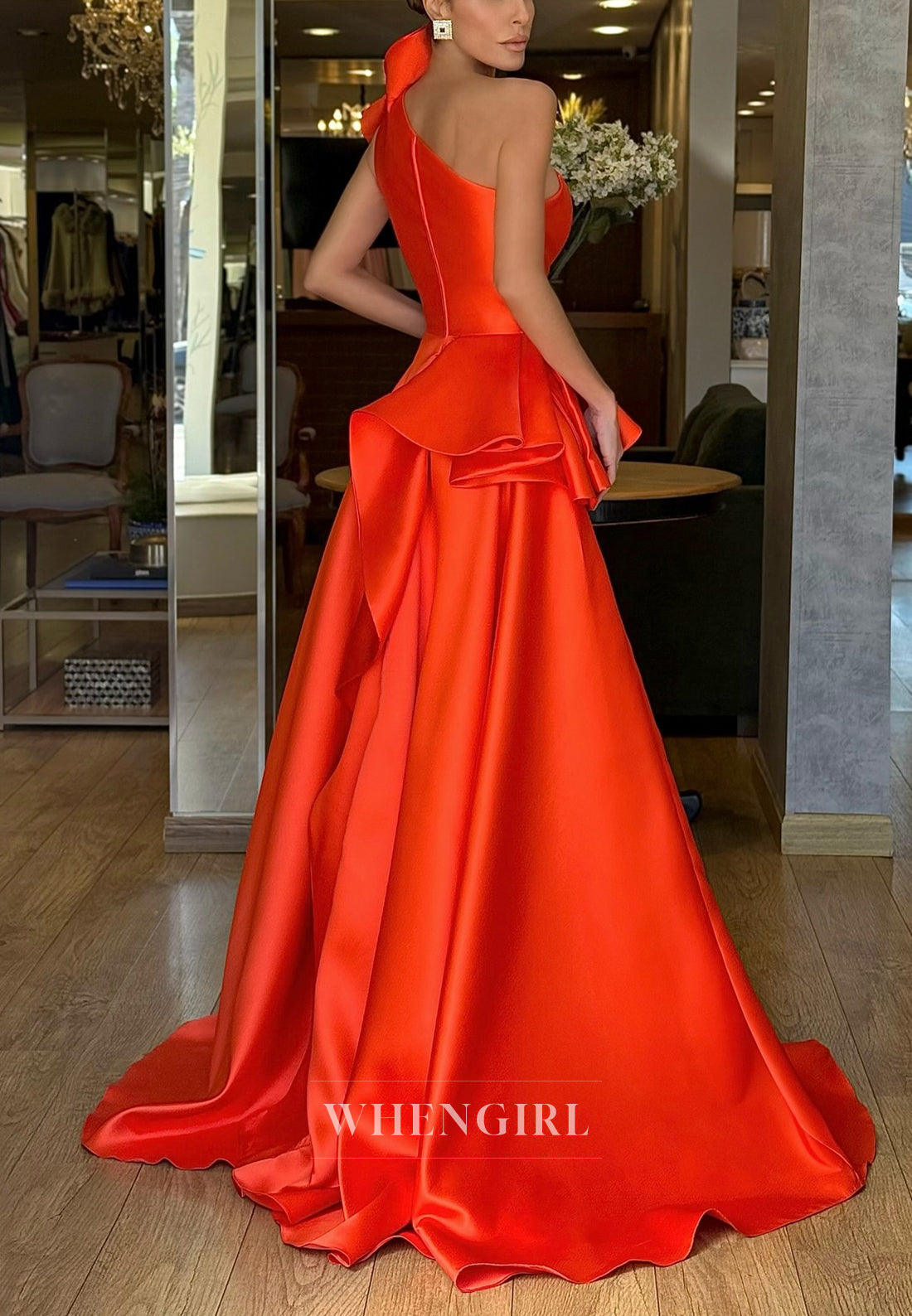 One Shoulder A-Line Ruffles Sleeveless Back Zipper Sweep Train Formal Evening Dress