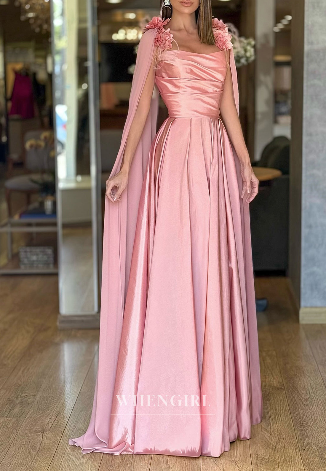 A-Line Floral Straps Pleated Back Zipper Floor Length Formal Evening Dress