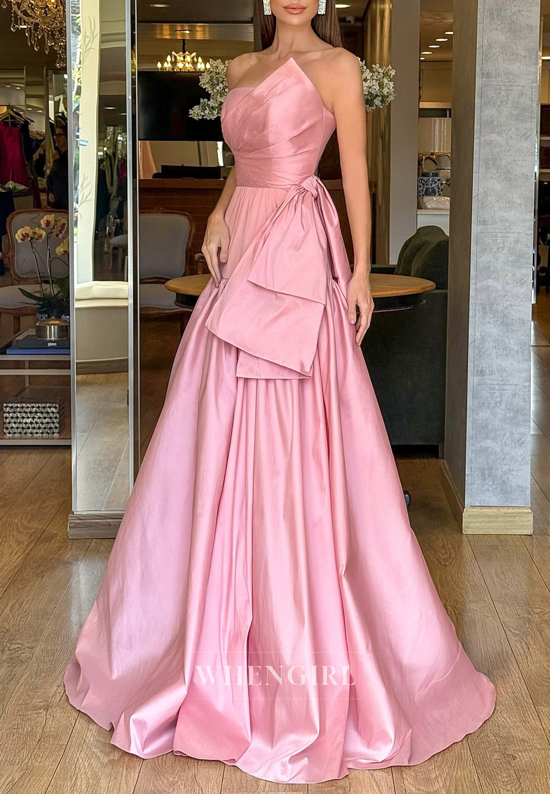 Blushing Pink A-Line Asymmetrical Neck Sleeveless Pleated Bowknot Evening Formal Dress