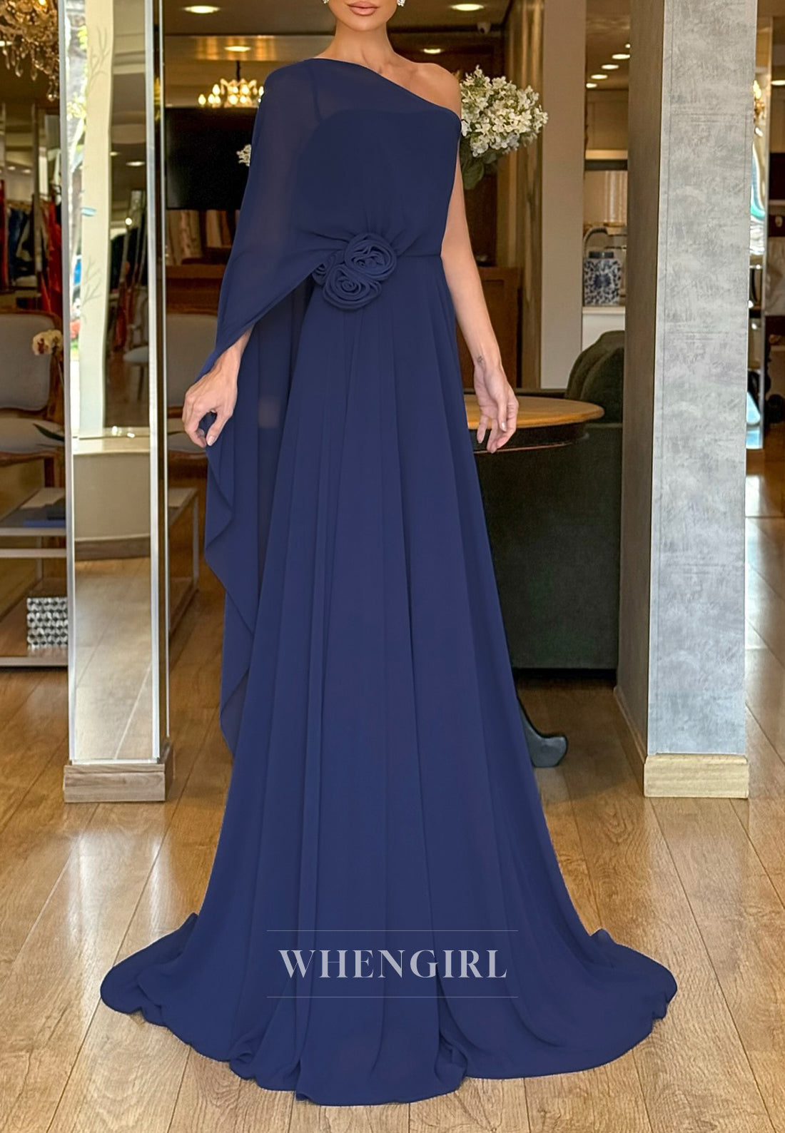 Chiffon One Shoulder 3D Flower Sweep Train A-Line Formal Evening Dress