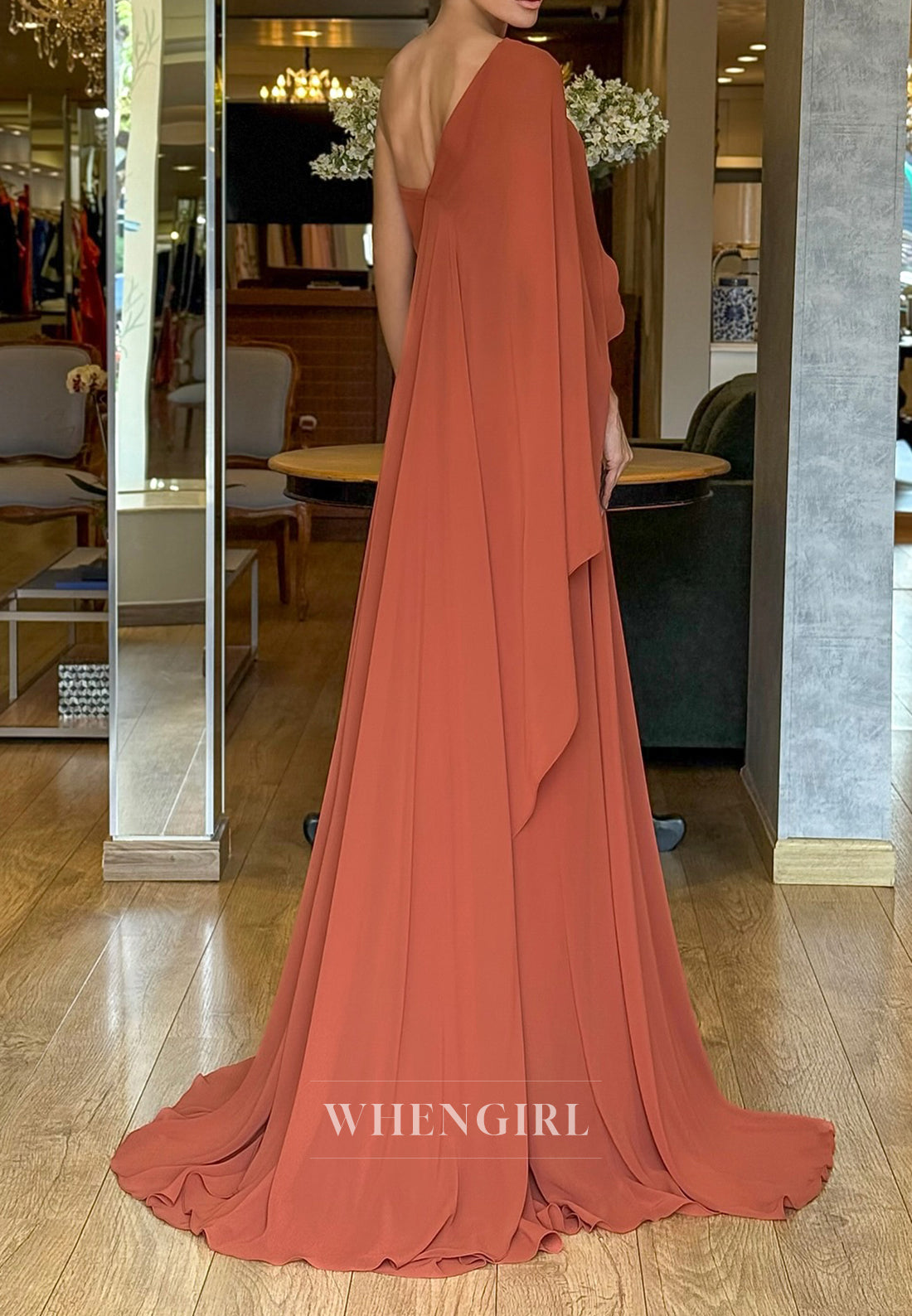 Chiffon One Shoulder 3D Flower Sweep Train A-Line Formal Evening Dress