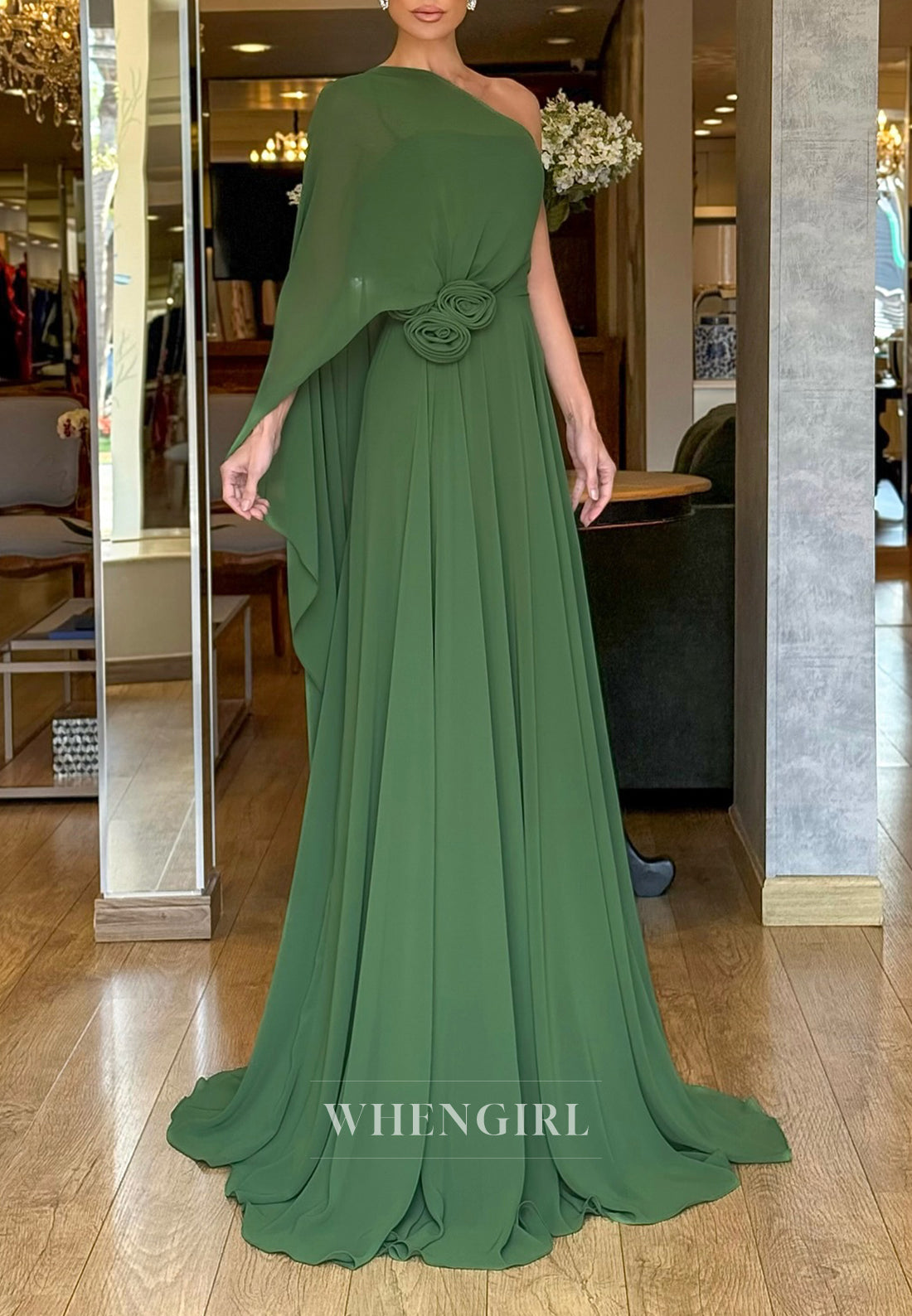 Chiffon One Shoulder 3D Flower Sweep Train A-Line Formal Evening Dress
