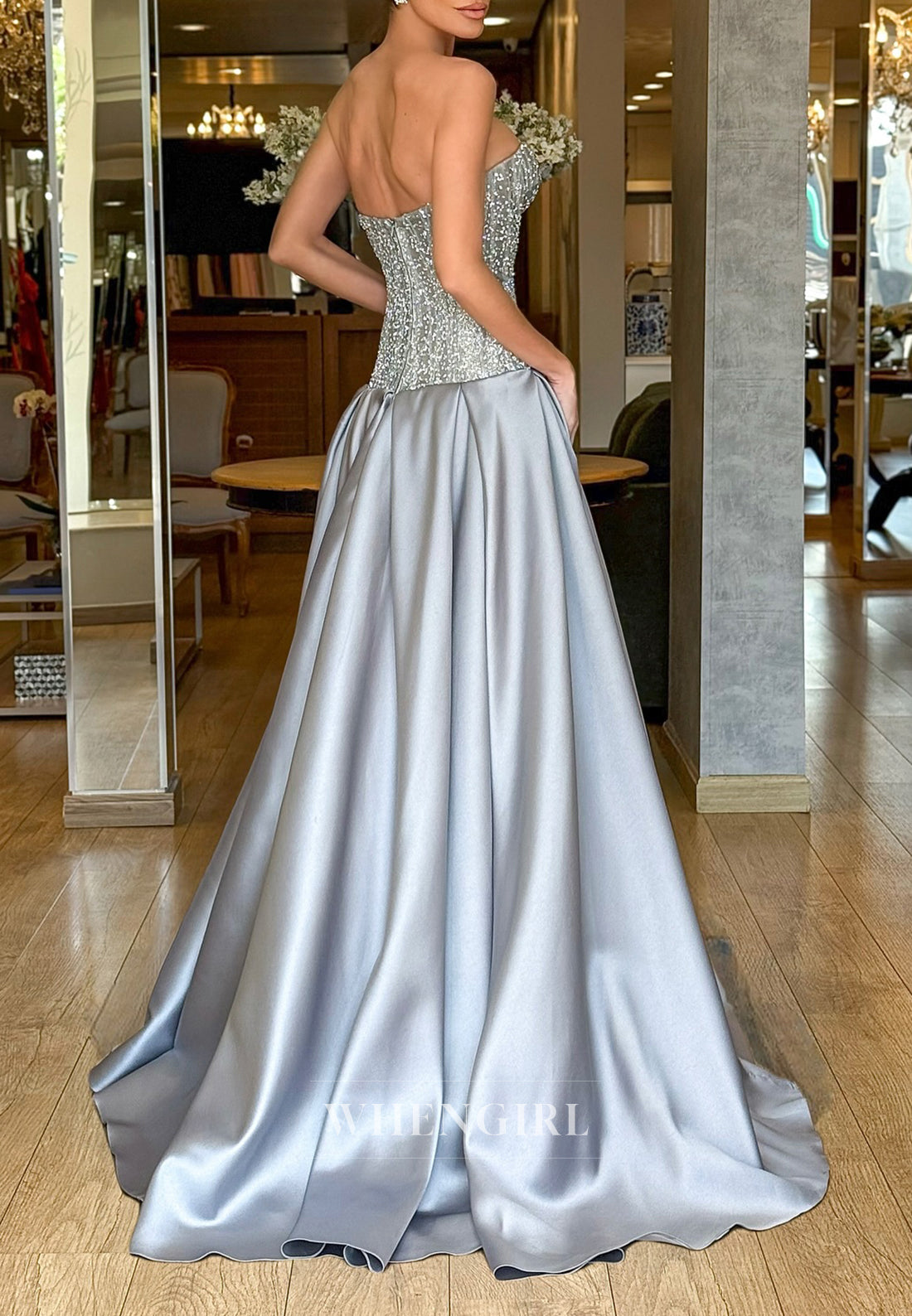 Mist Beaded Sweetheart Sleeveless Back Zipper Sweep Train A-Line Evening Formal Dress