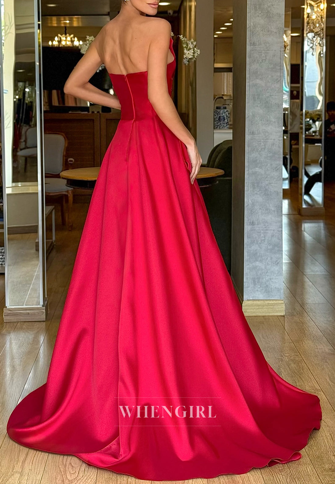 Red Asymmetrical Neck Pleated Back Zipper A-Line Evening Dress