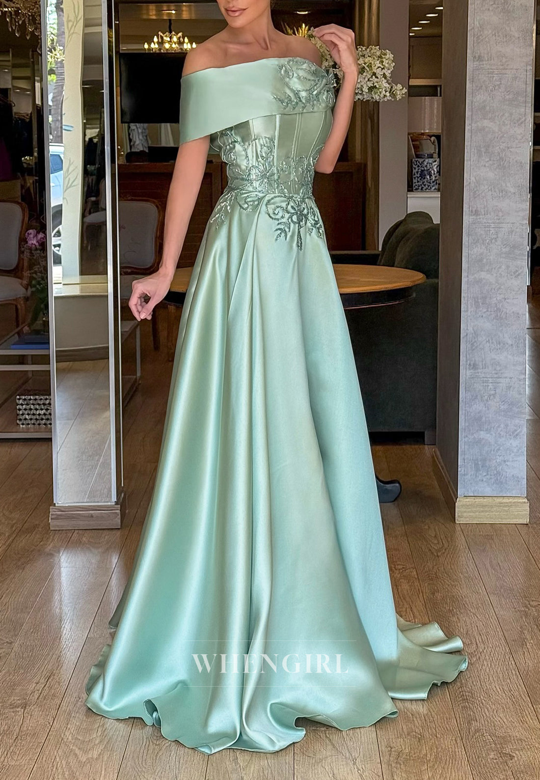 Turquoise Off Shoulder Short Sleeves A-Line Beaded Vine Satin Evening Dress