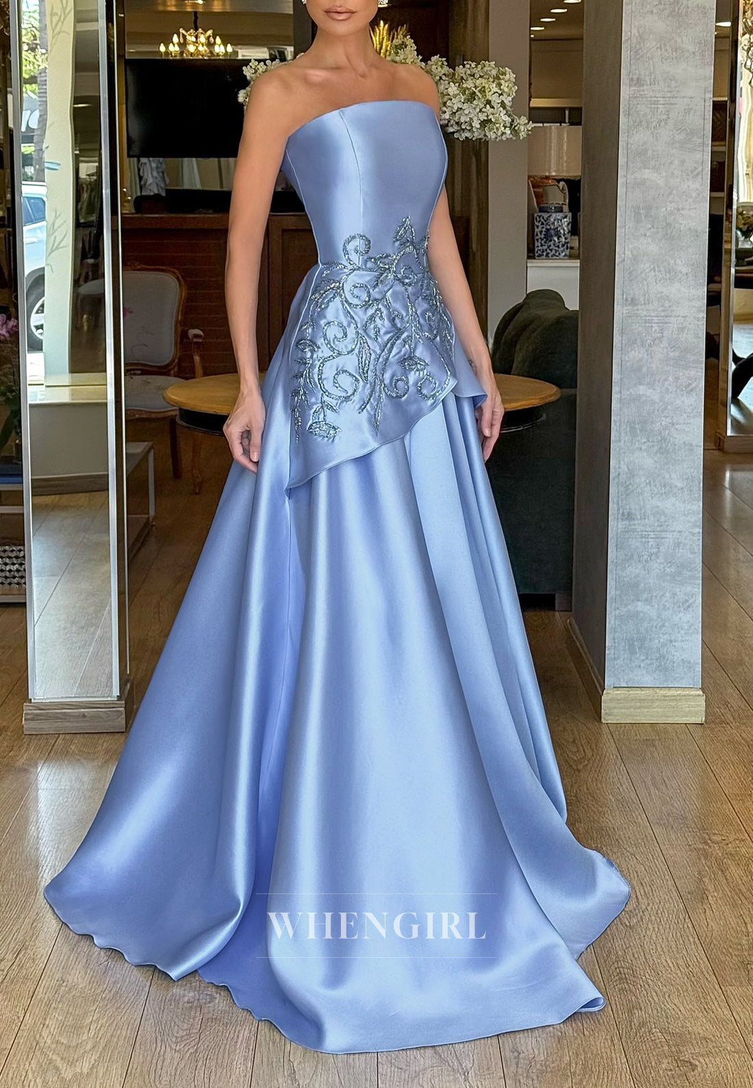 Sky Blue Tube Top Sleeveless Beaded Vine A-Line Strapless Evening Dress