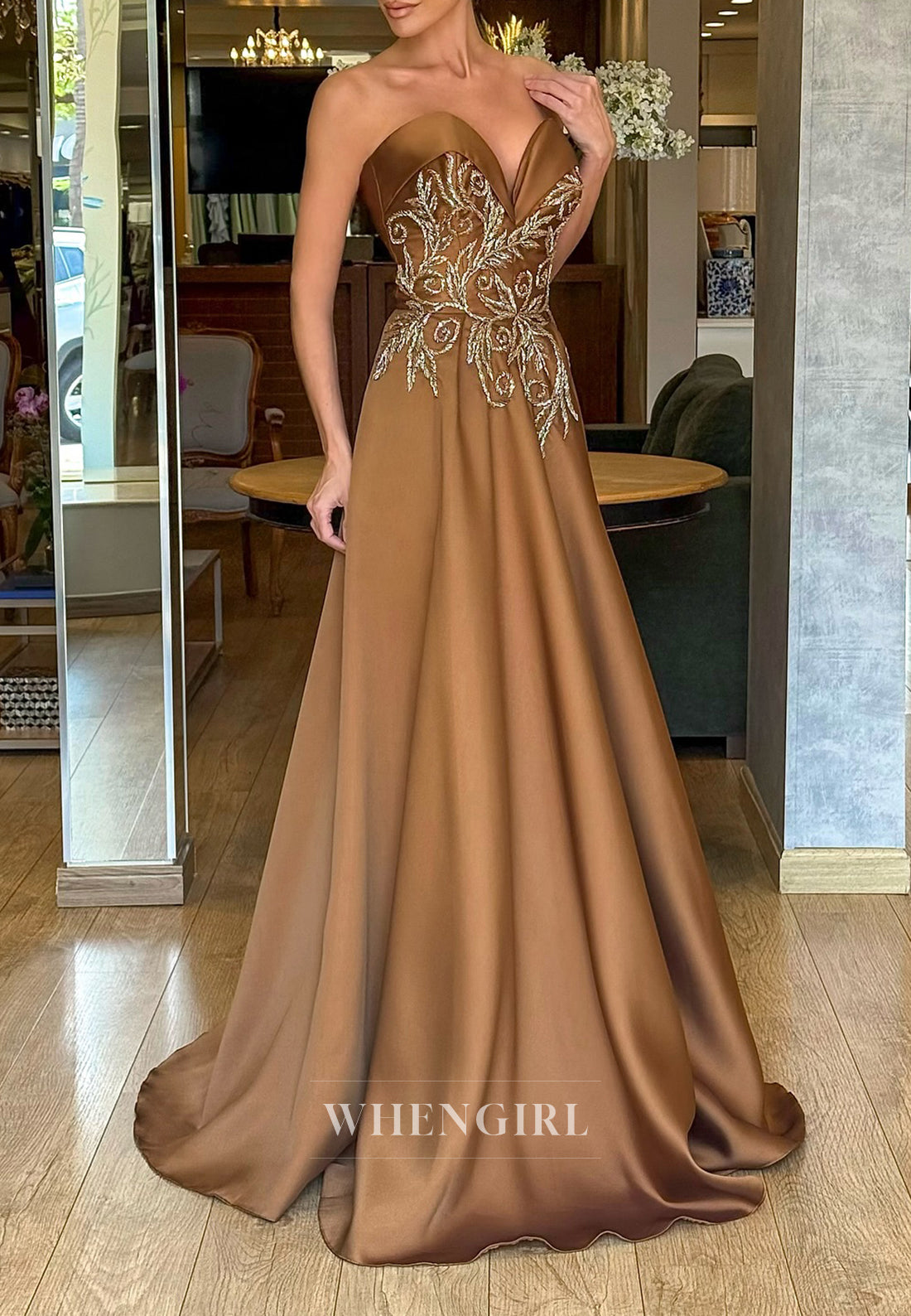 Brown Sweetheart Vine A-Line Back Zipper Evening Dress Sleeveless Formal Gown