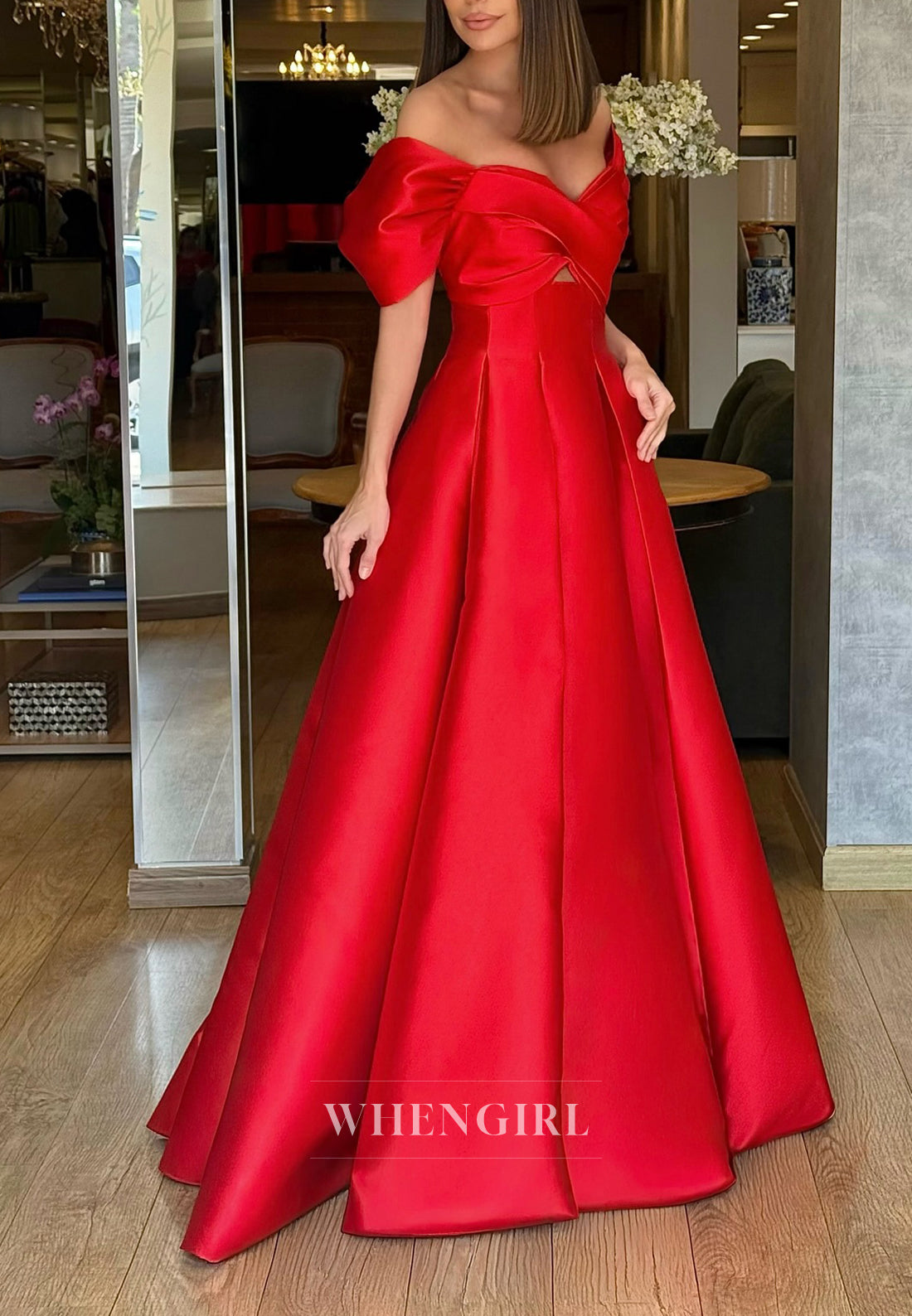 Red A-Line Pleated Short Sleeves Sweetheart Evening Dress Cut Out Satin Formal Gown