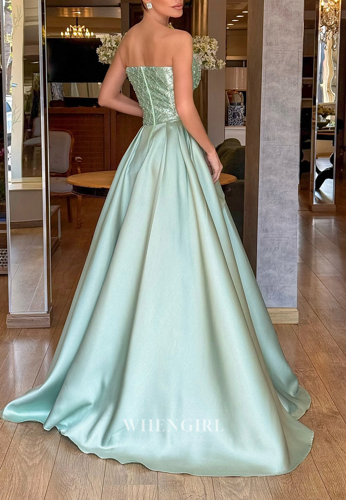 Turquoise Tube Top Beaded Sleeveless Back Zipper Satin A-Line Evening Formal Dress