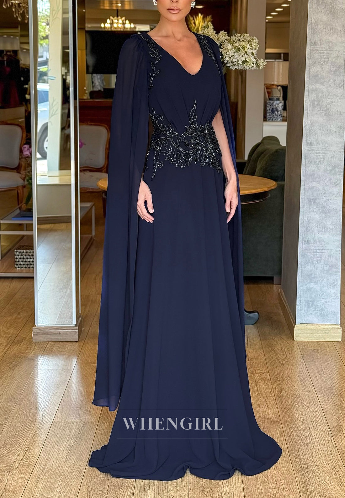 Navy A-Line V Neck Chiffon Long Sleeves Appliqued Formal Dress Evening Gown
