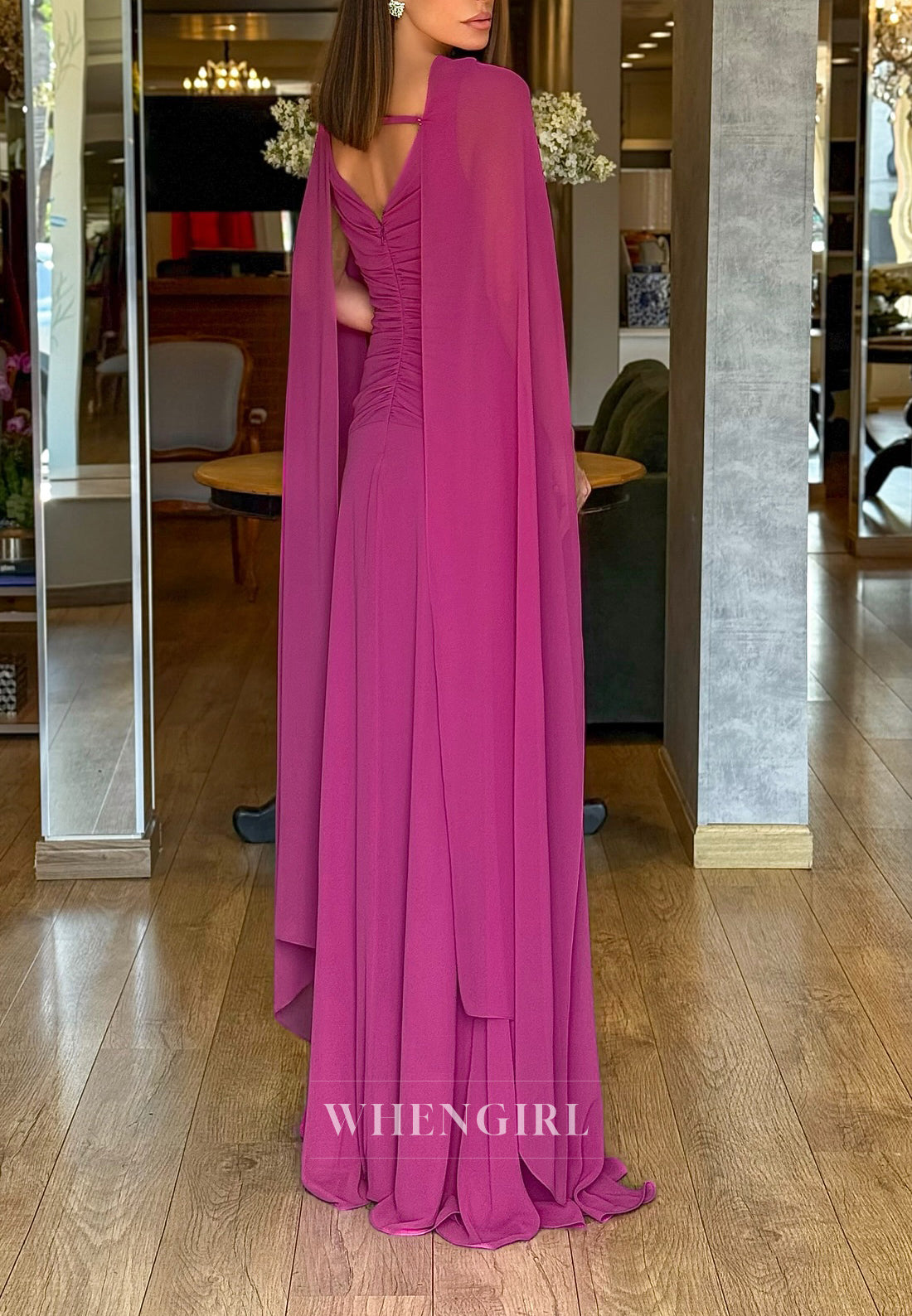 Azalea A-Line Pleated V Neck Back Zipper Cape Floor Length Chiffon Evening Dress