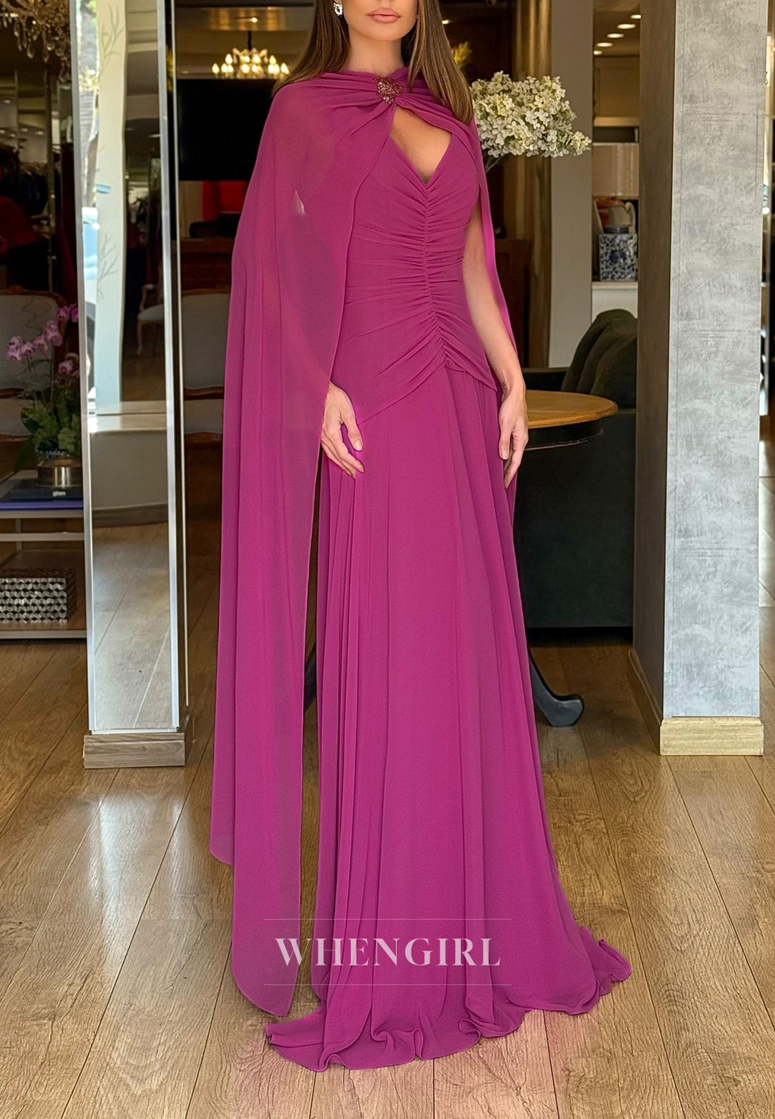 Azalea A-Line Pleated V Neck Back Zipper Cape Floor Length Chiffon Evening Dress