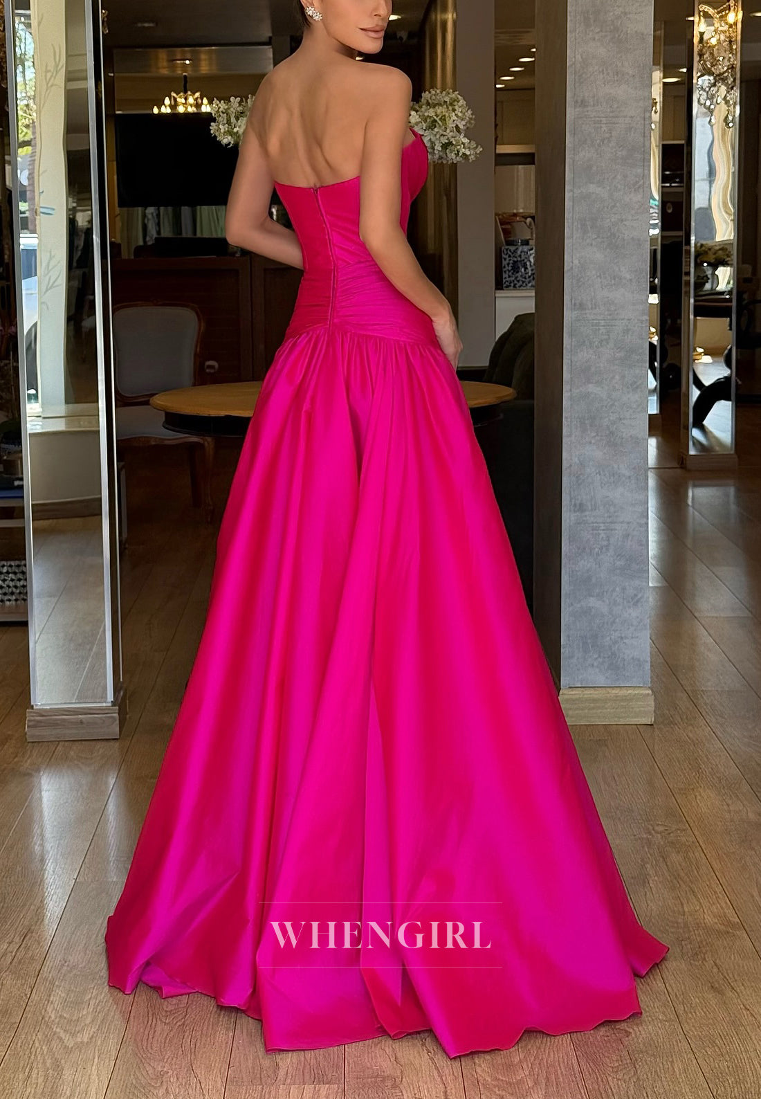 Fuchsia A-Line Asymmetrical Neck Back Zipper Sleeveless Evening Dress
