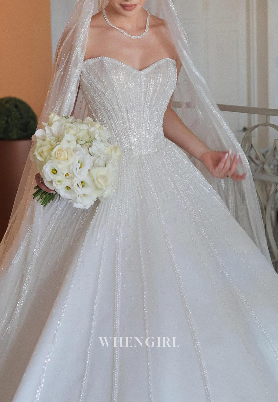A-Line Sweetheart Beaded Sleeveless Wedding Dress with Veil