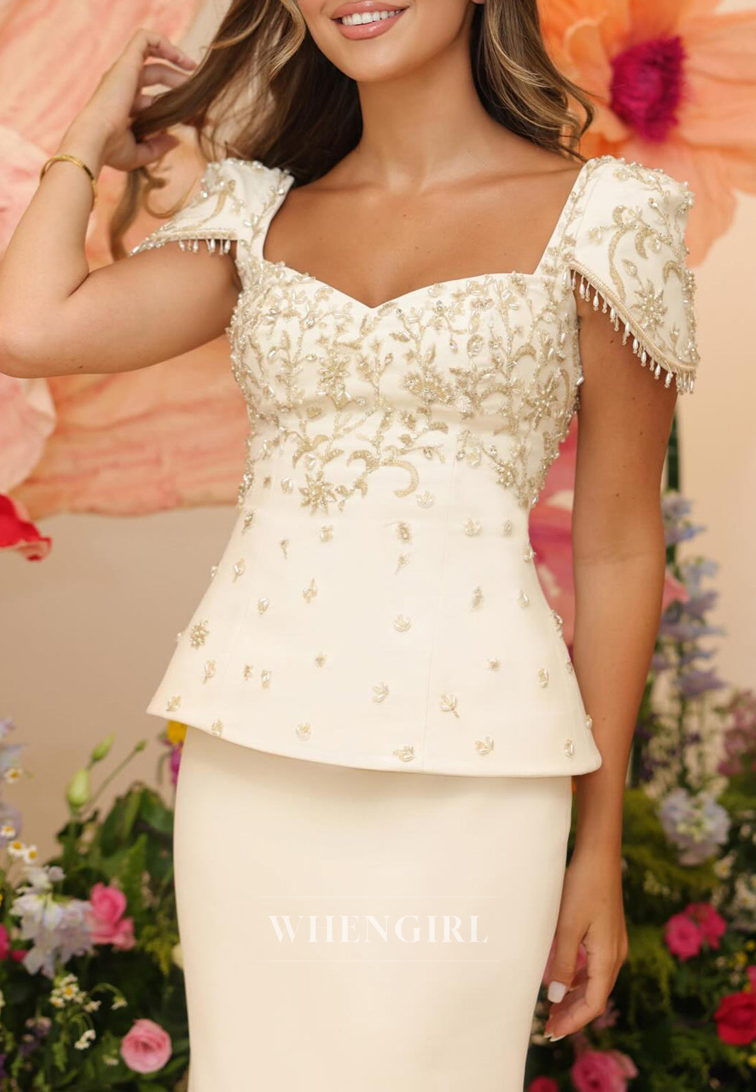 Sheath Sweetheart Short Sleeves Beaded Back Zipper Long Wedding Dress
