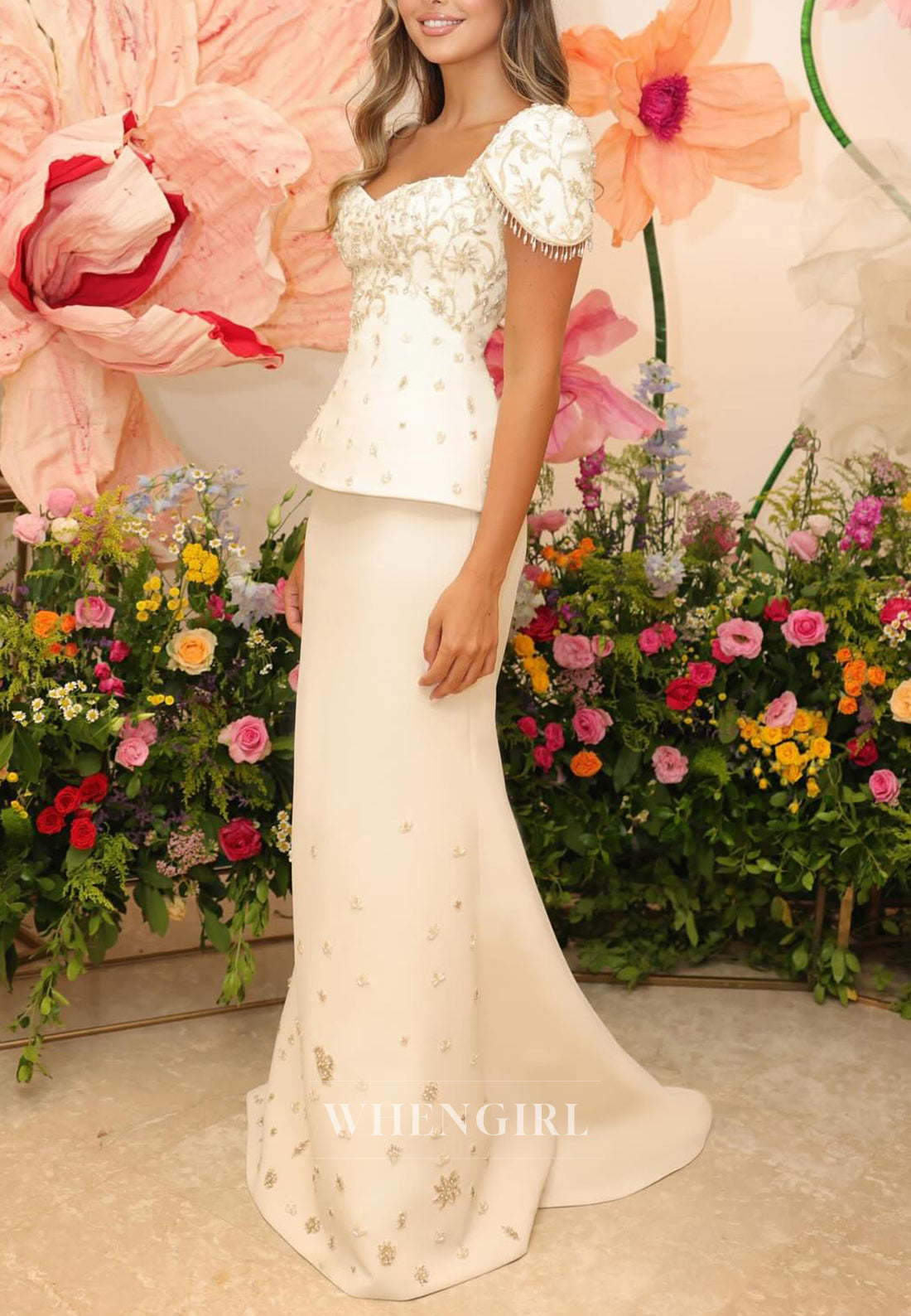 Sheath Sweetheart Short Sleeves Beaded Back Zipper Long Wedding Dress
