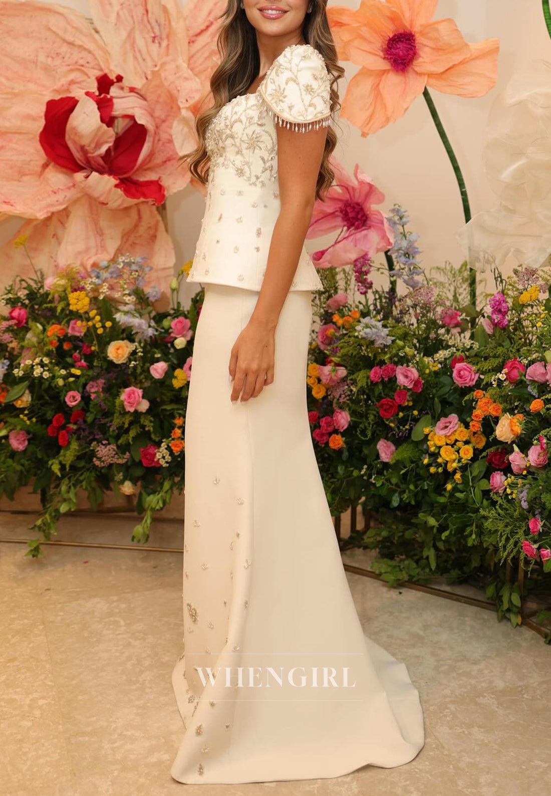 Sheath Sweetheart Short Sleeves Beaded Back Zipper Long Wedding Dress