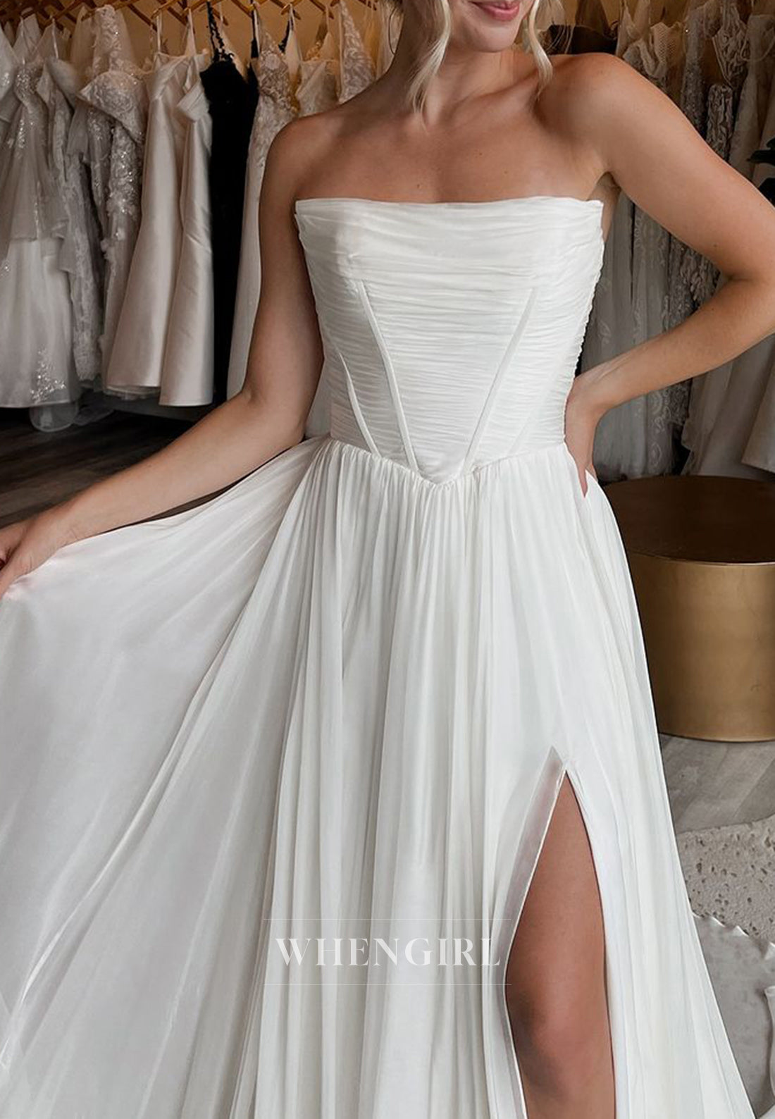 Strapless Pleated Side Slit Chiffon Sweep Train A-Line Beach Wedding Dress with Ribbon