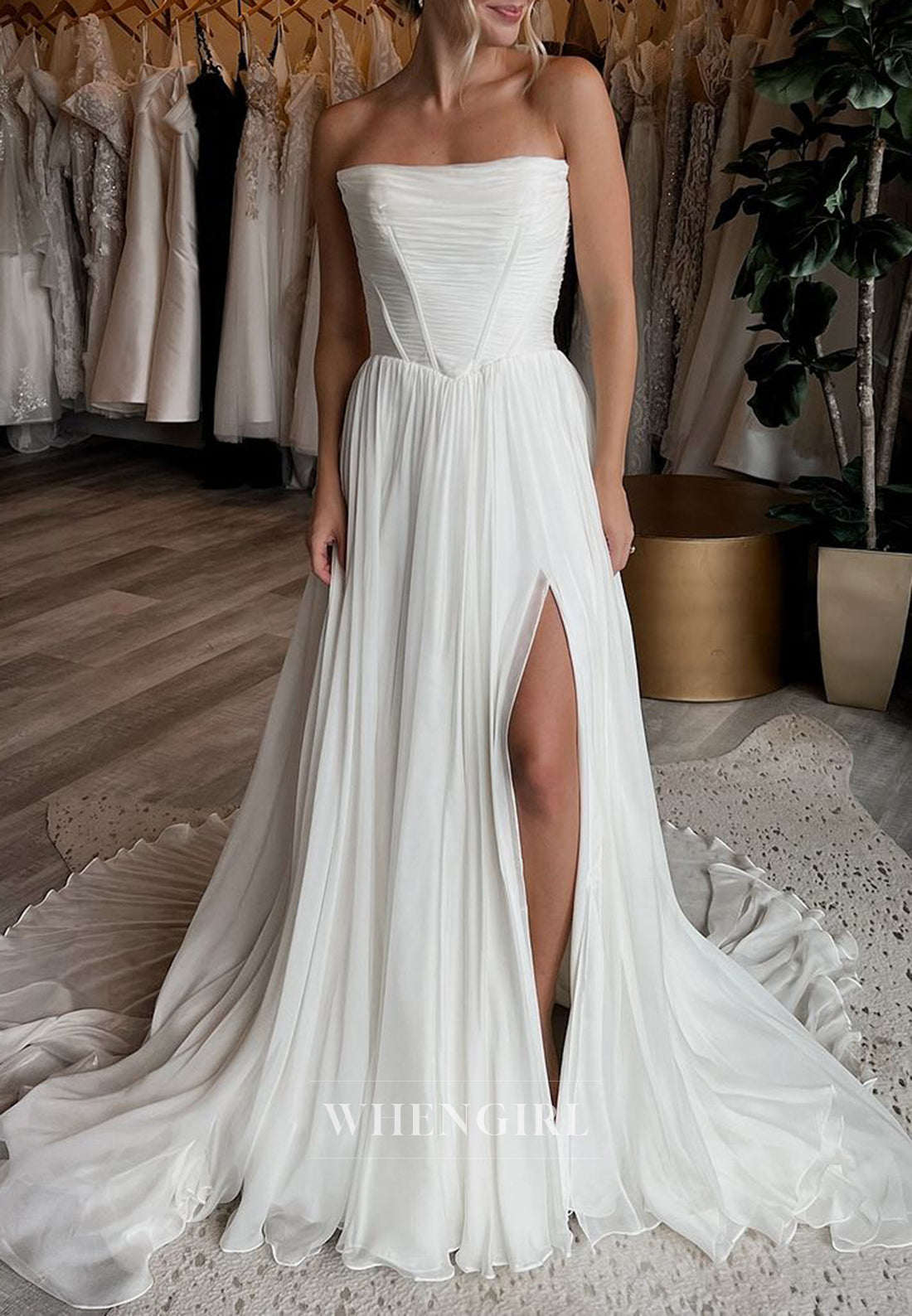 Strapless Pleated Side Slit Chiffon Sweep Train A-Line Beach Wedding Dress with Ribbon