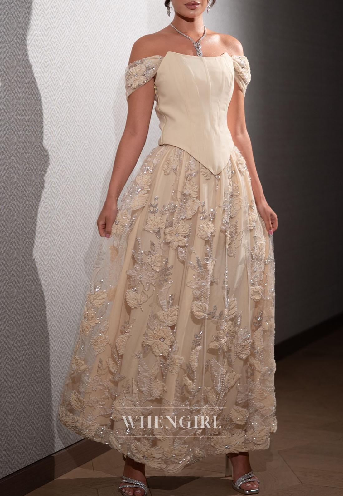 Beige Off Shoulder Floral A-Line Ankle Length Evening Formal Dress