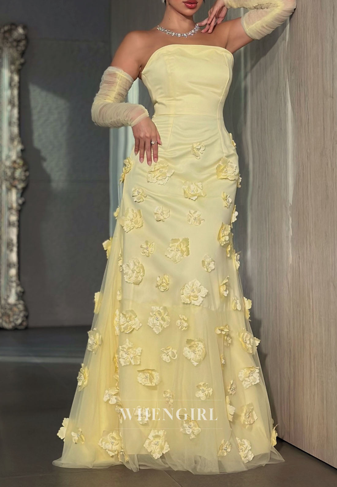 Sheath Tube Top Long Sleeves Floral Evening Dress Back Zipper Sweep Train Formal Dress