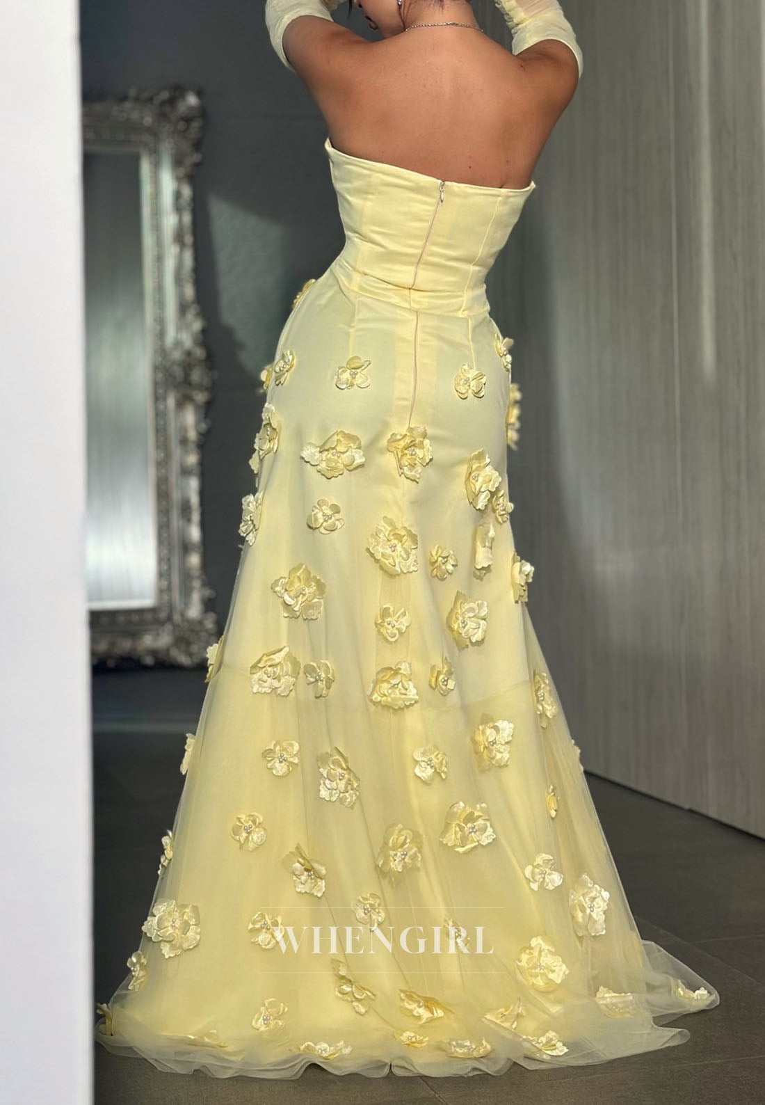 Sheath Tube Top Long Sleeves Floral Evening Dress Back Zipper Sweep Train Formal Dress