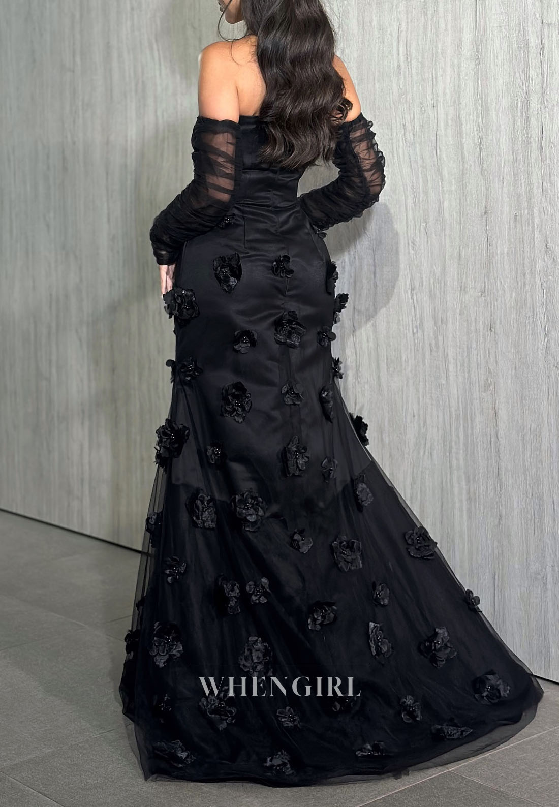 Sheath Tube Top Long Sleeves Floral Evening Dress Back Zipper Sweep Train Formal Dress