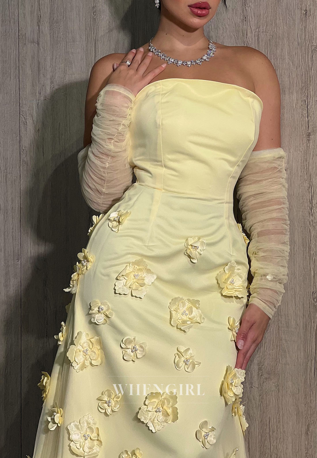 Sheath Tube Top Long Sleeves Floral Evening Dress Back Zipper Sweep Train Formal Dress
