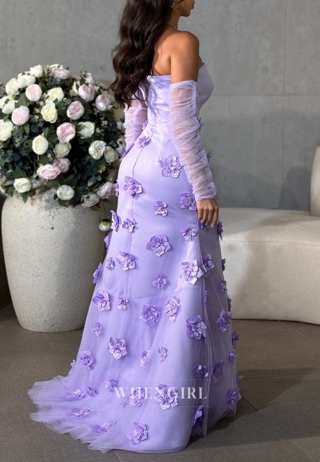 Sheath Tube Top Long Sleeves Floral Evening Dress Back Zipper Sweep Train Formal Dress
