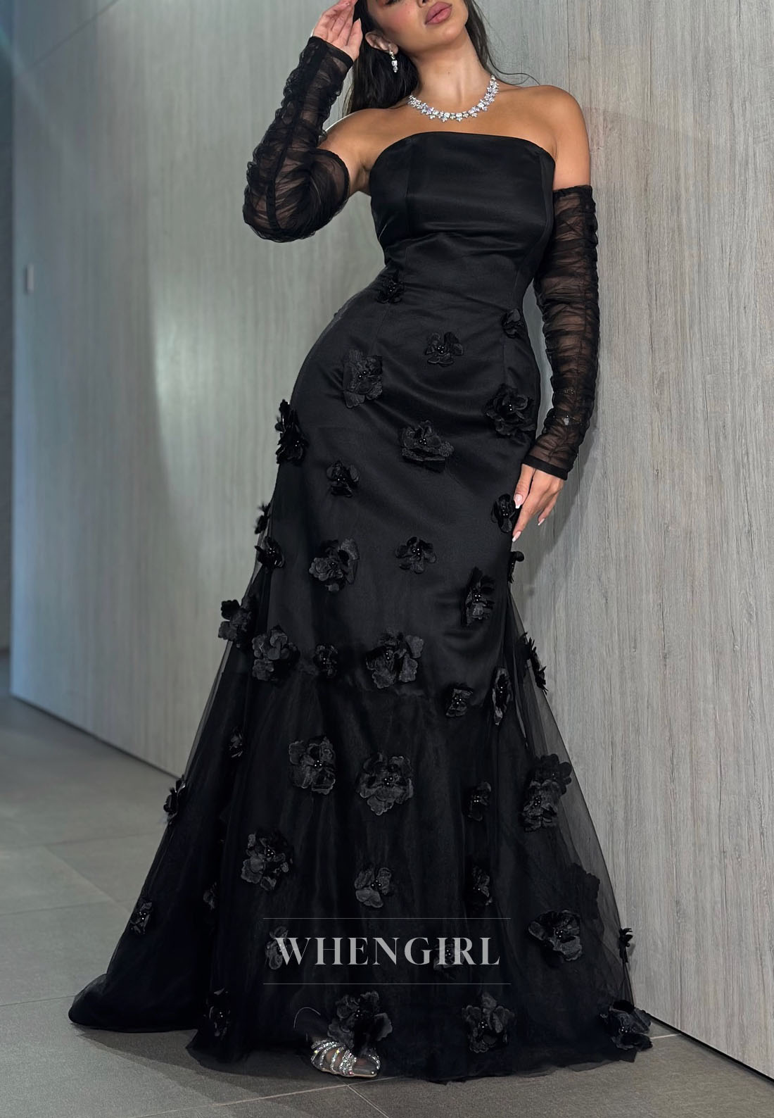 Sheath Tube Top Long Sleeves Floral Evening Dress Back Zipper Sweep Train Formal Dress