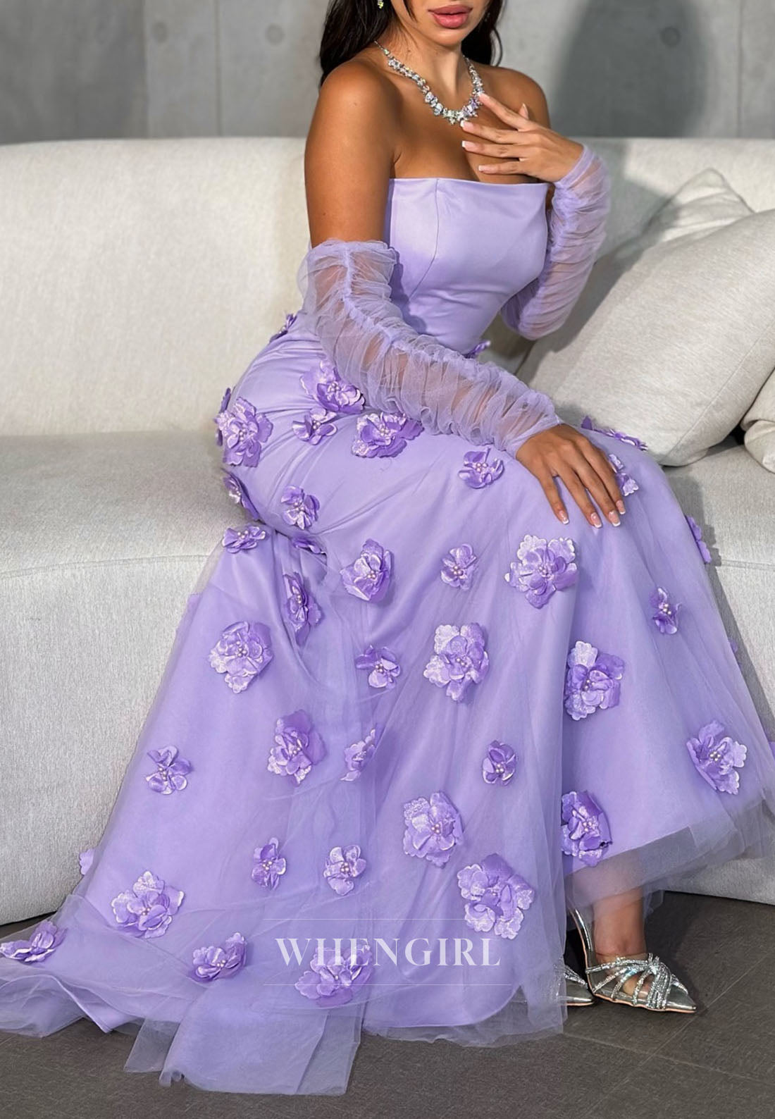 Sheath Tube Top Long Sleeves Floral Evening Dress Back Zipper Sweep Train Formal Dress