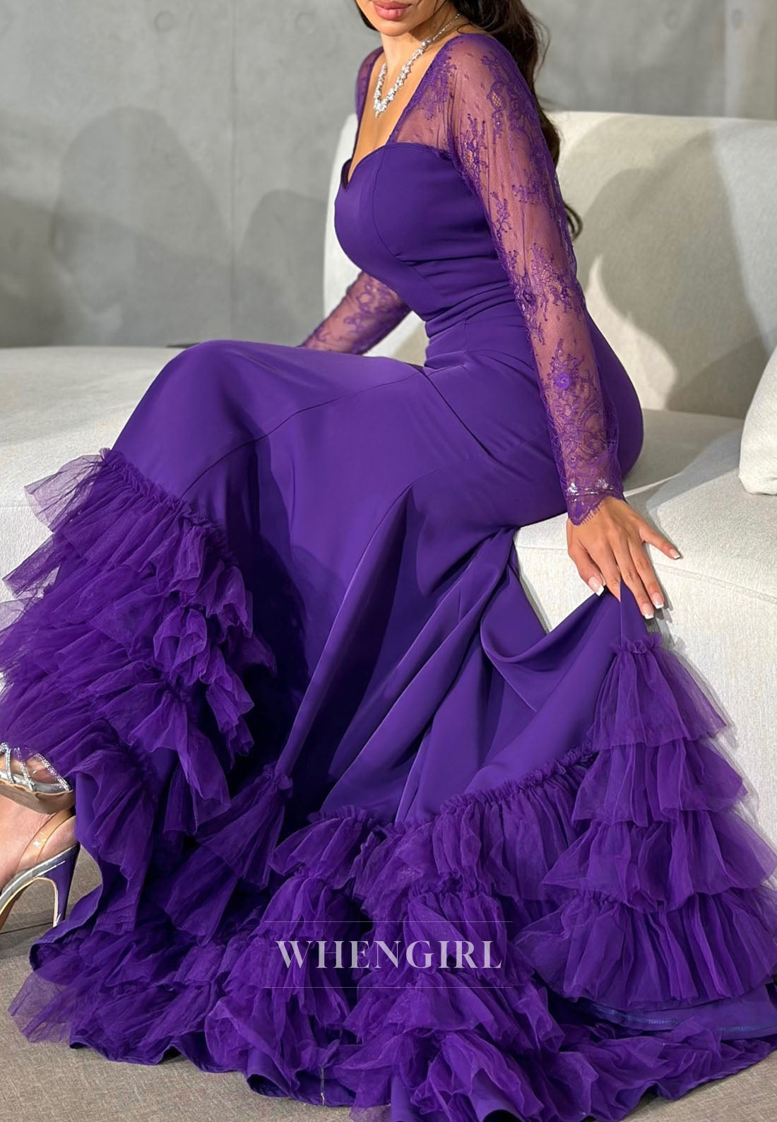 Regency V Neck Long Sleeves Formal Dress Multi Tiered Back Zipper Mermaid Evening Gown