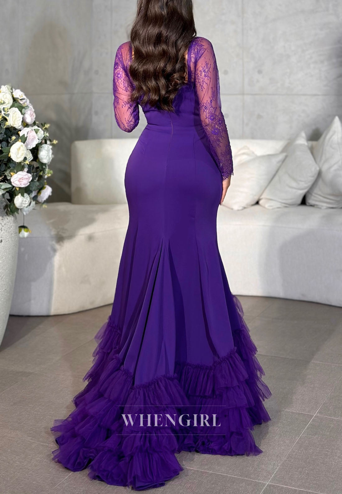 Regency V Neck Long Sleeves Formal Dress Multi Tiered Back Zipper Mermaid Evening Gown
