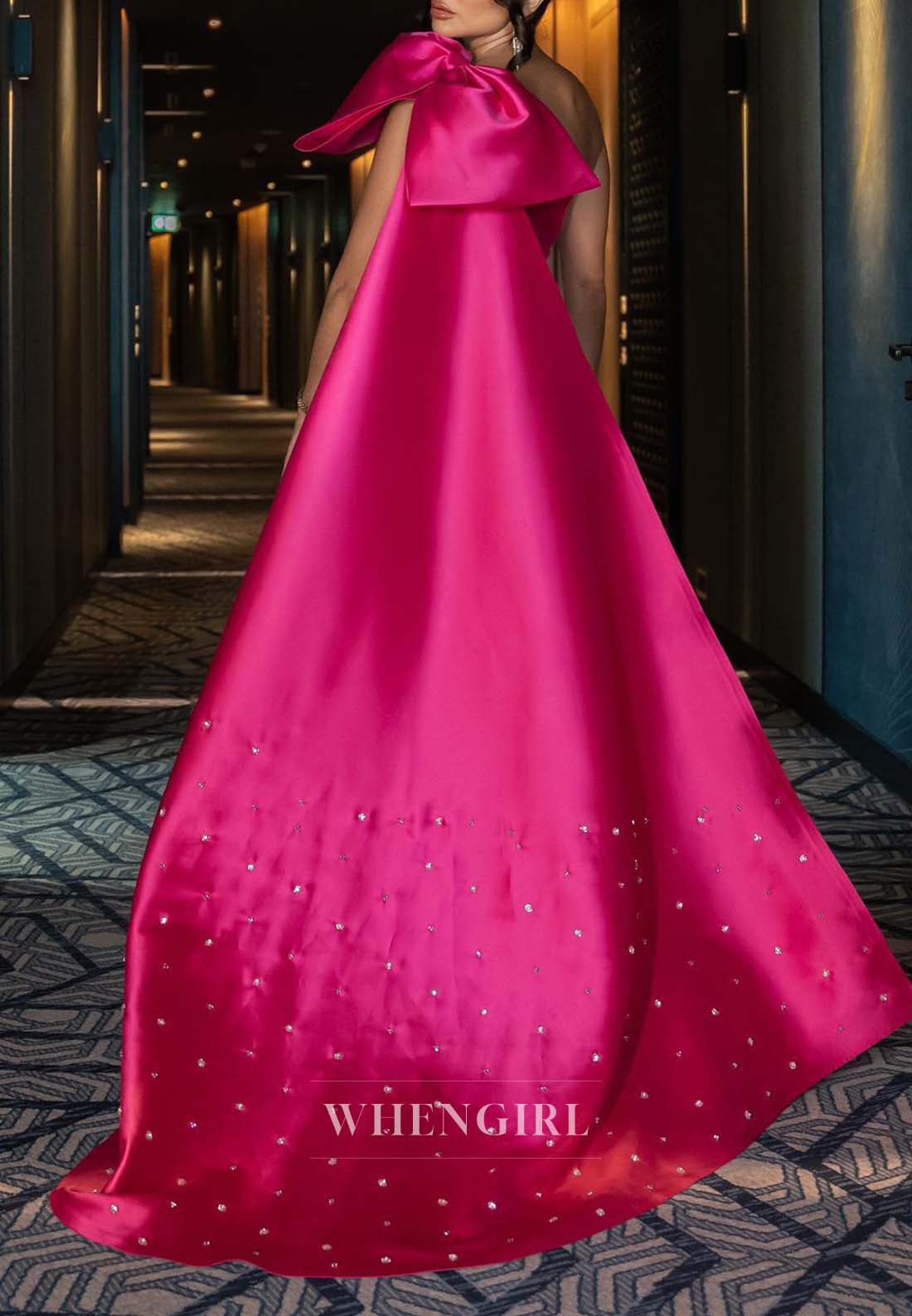 Fuchsia Sleeveless Beaded Side Train Formal Dress Sheath One Shoulder Evening Dress