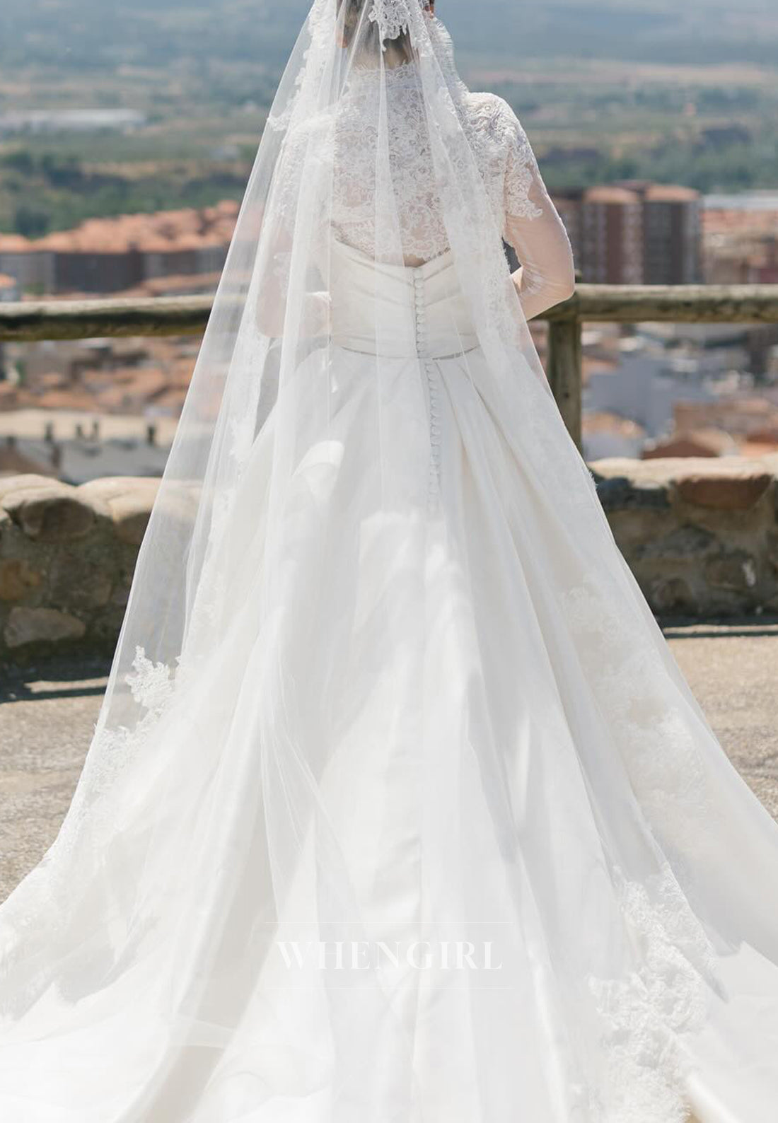 High Neck Long Sleeves Appliqued Lace Top Ruched Side Slit Sheath Wedding Dress with Train