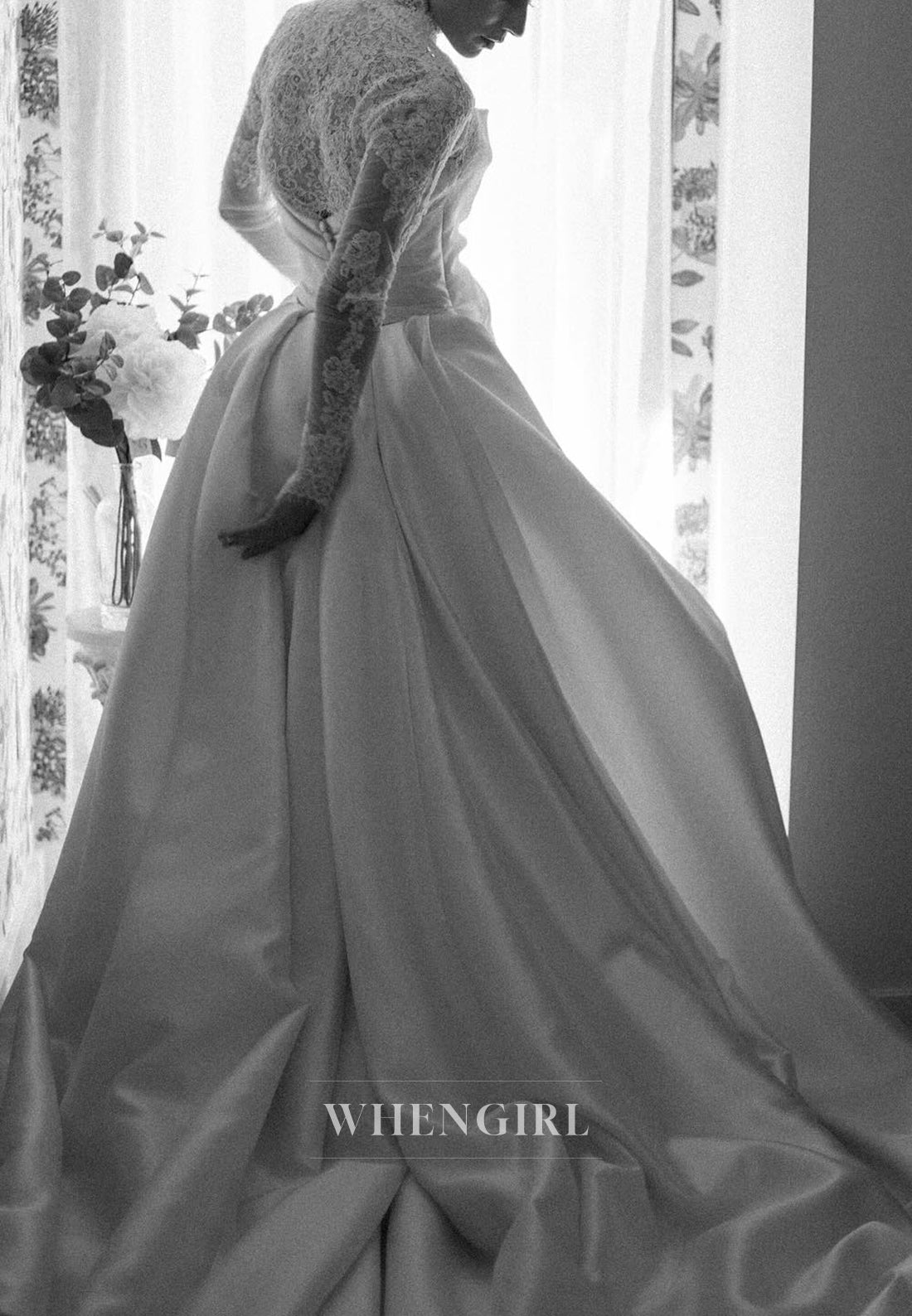 High Neck Long Sleeves Appliqued Lace Top Ruched Side Slit Sheath Wedding Dress with Train