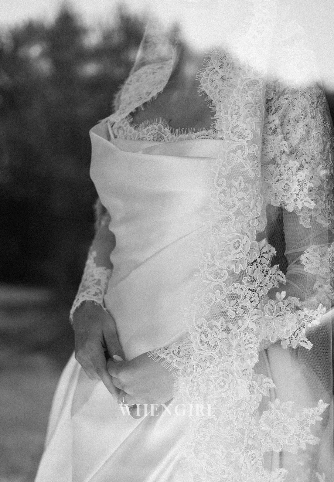 High Neck Long Sleeves Appliqued Lace Top Ruched Side Slit Sheath Wedding Dress with Train