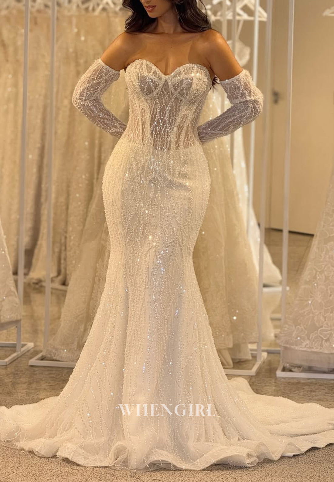 Sweetheart Beaded Long Sleeves Strapless Mermaid Wedding Dress with Sweep Train