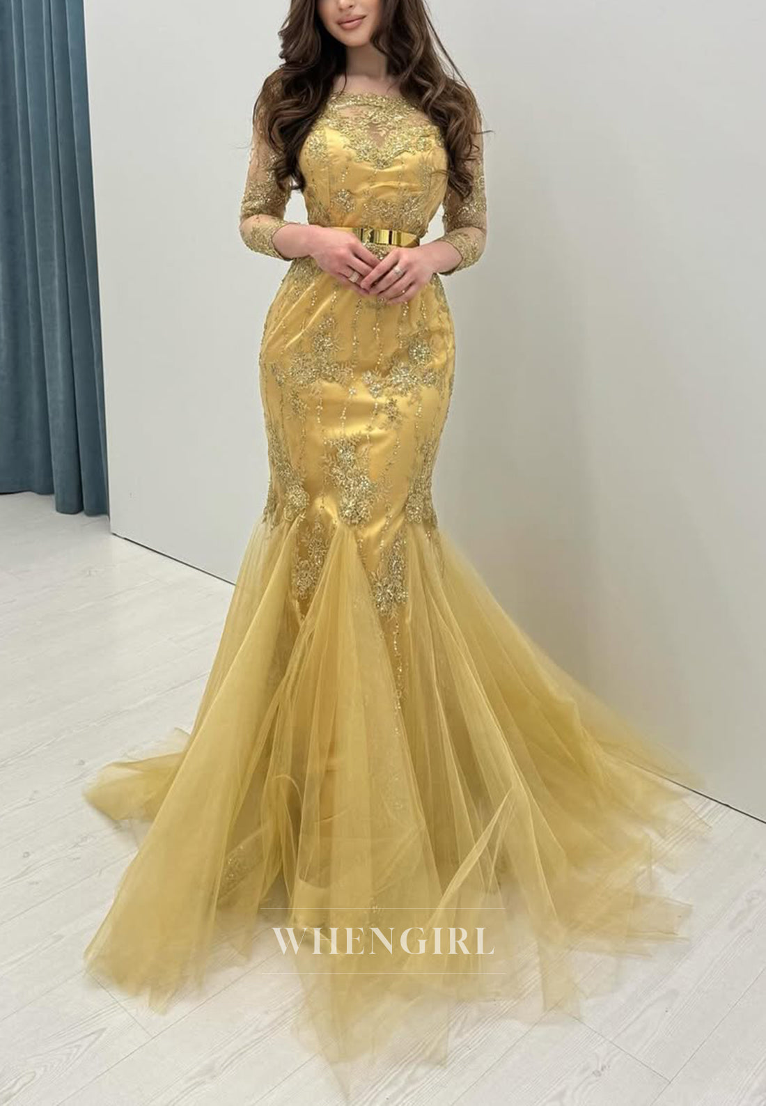 Gold Scoop Neck Embroidery Beads Tulle Mermaid Formal Evening Dress with 3/4 Sleeves