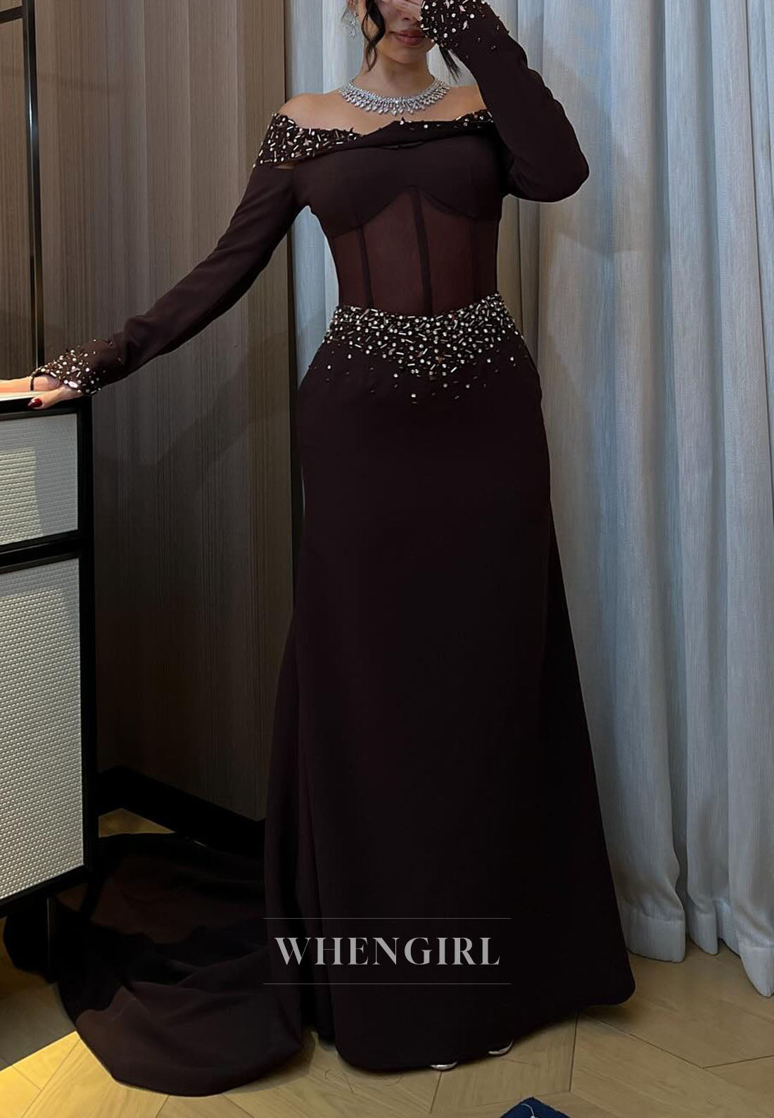 Dark Brown Off Shoulder Long Sleeves Beaded Column Floor Length Evening Gown
