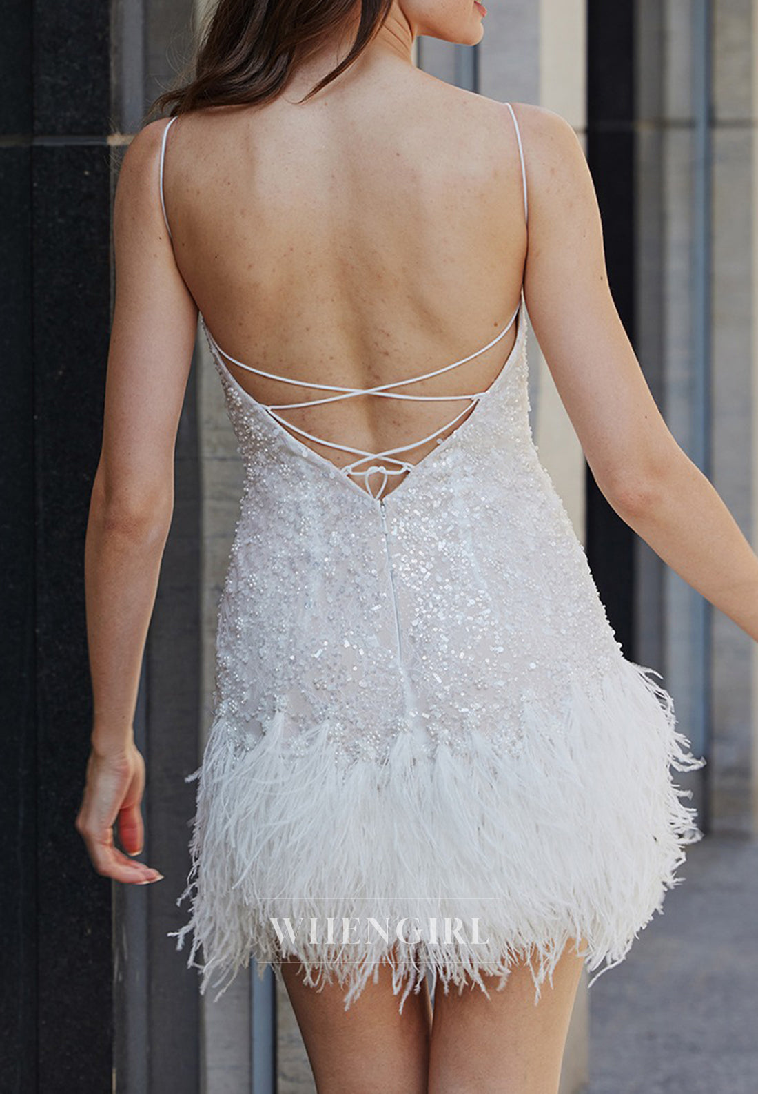 Bateatu Neck Spaghetti Straps Sleeveless Feather Sequins Sheath Short Wedding Dress
