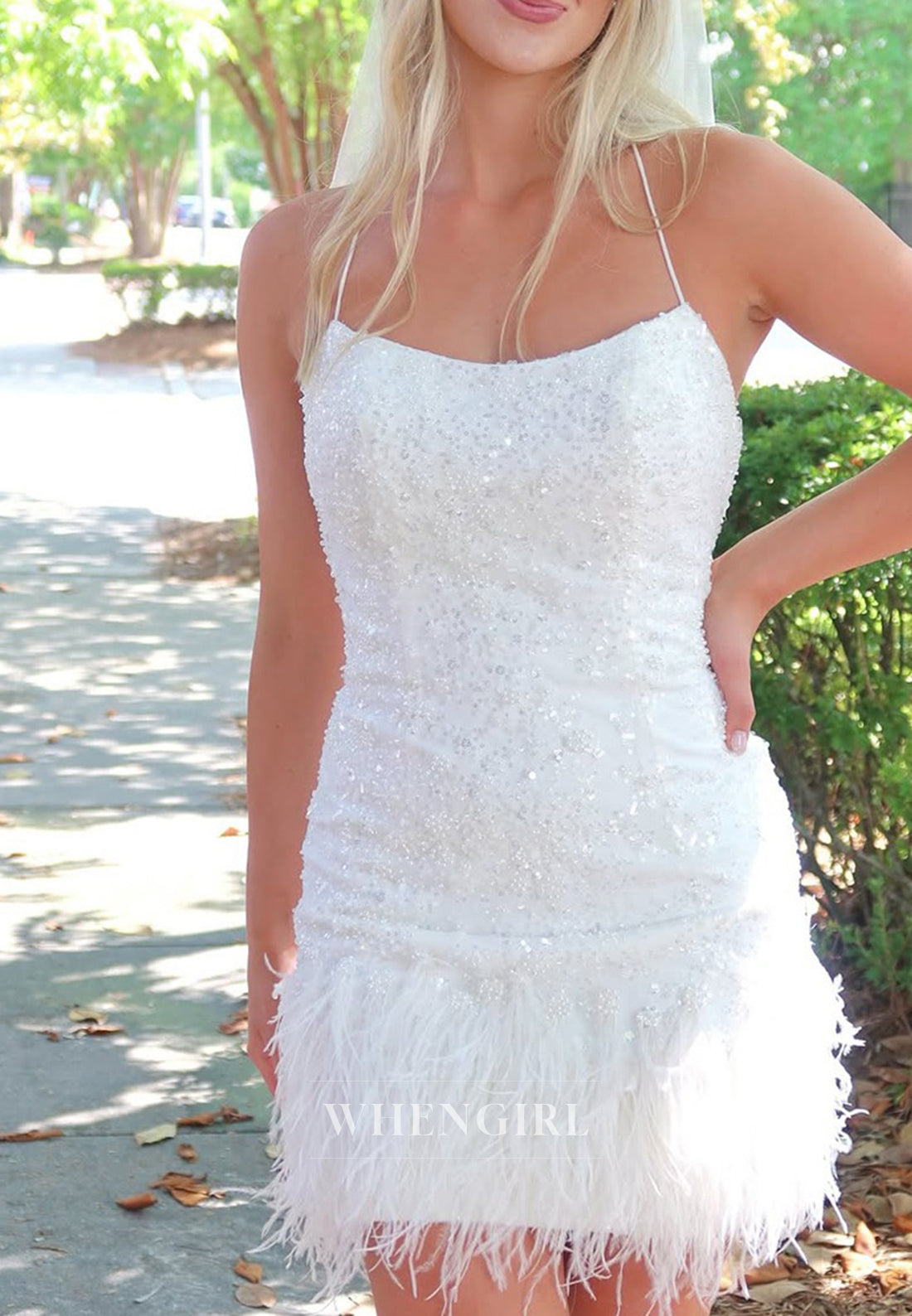 Bateatu Neck Spaghetti Straps Sleeveless Feather Sequins Sheath Short Wedding Dress