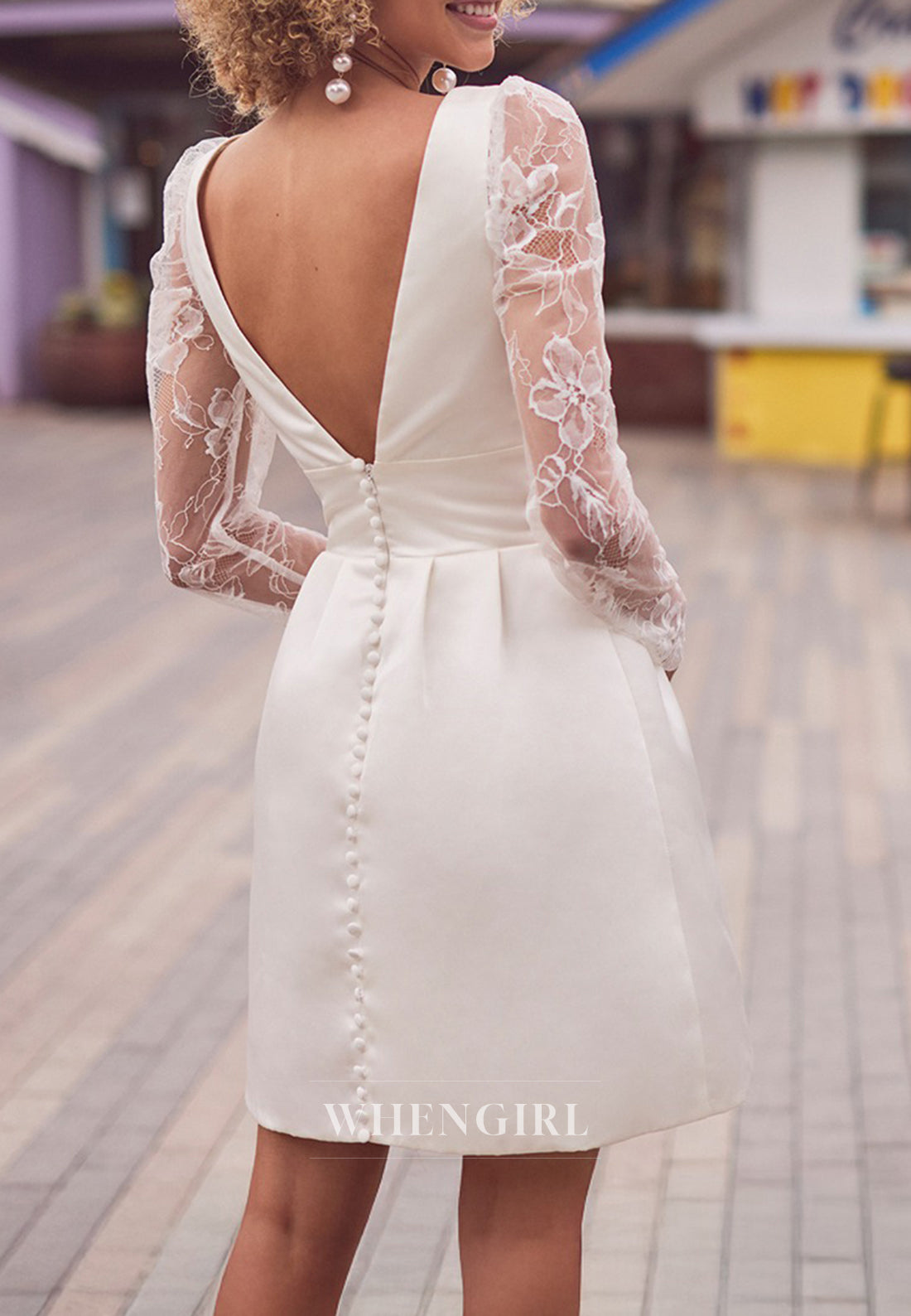 V Neck Satin Sheath Short Wedding Dress with Removable Long Lace Sleeves