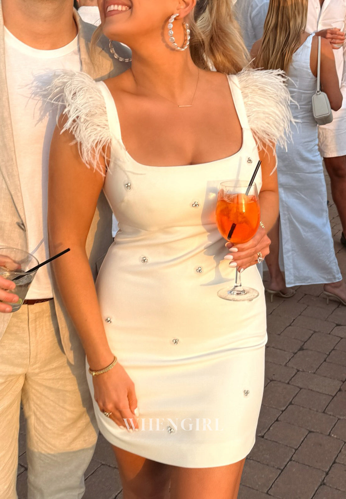 Sheath Square Neck Sleeveless Feather Straps Beaded Short Homecoming Dress