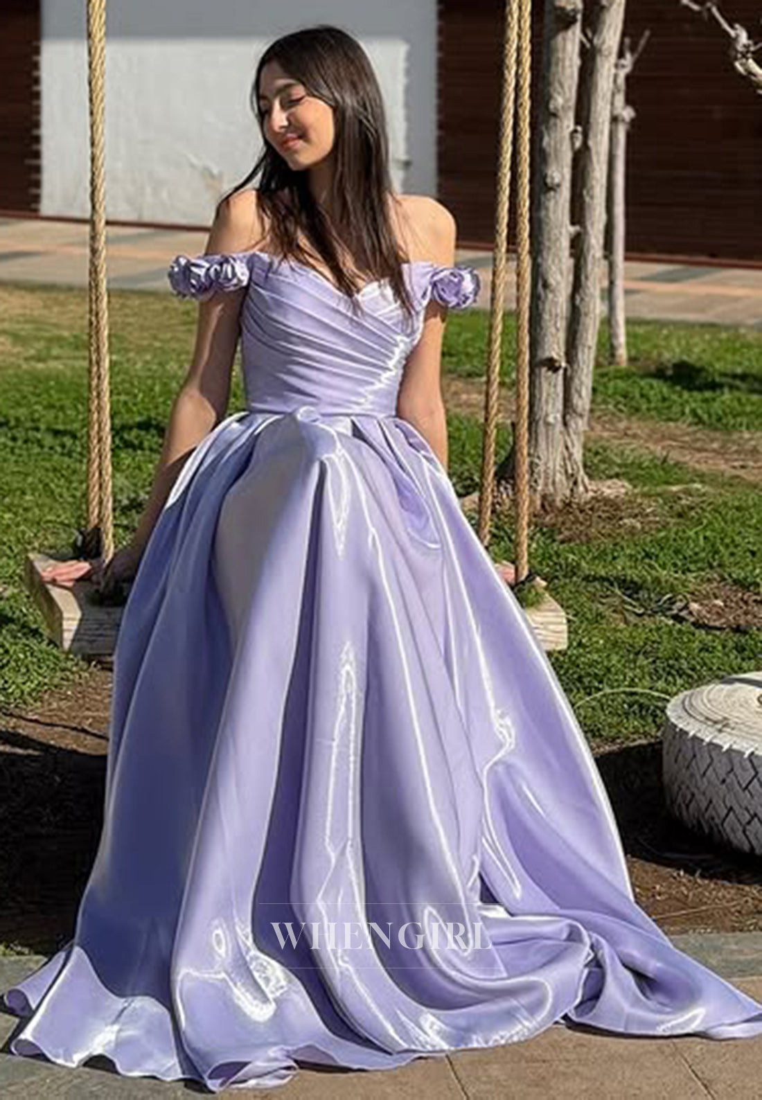 Charming Off-Shoulder A-Line Pleated Satin Long Party Prom Dress with Floral