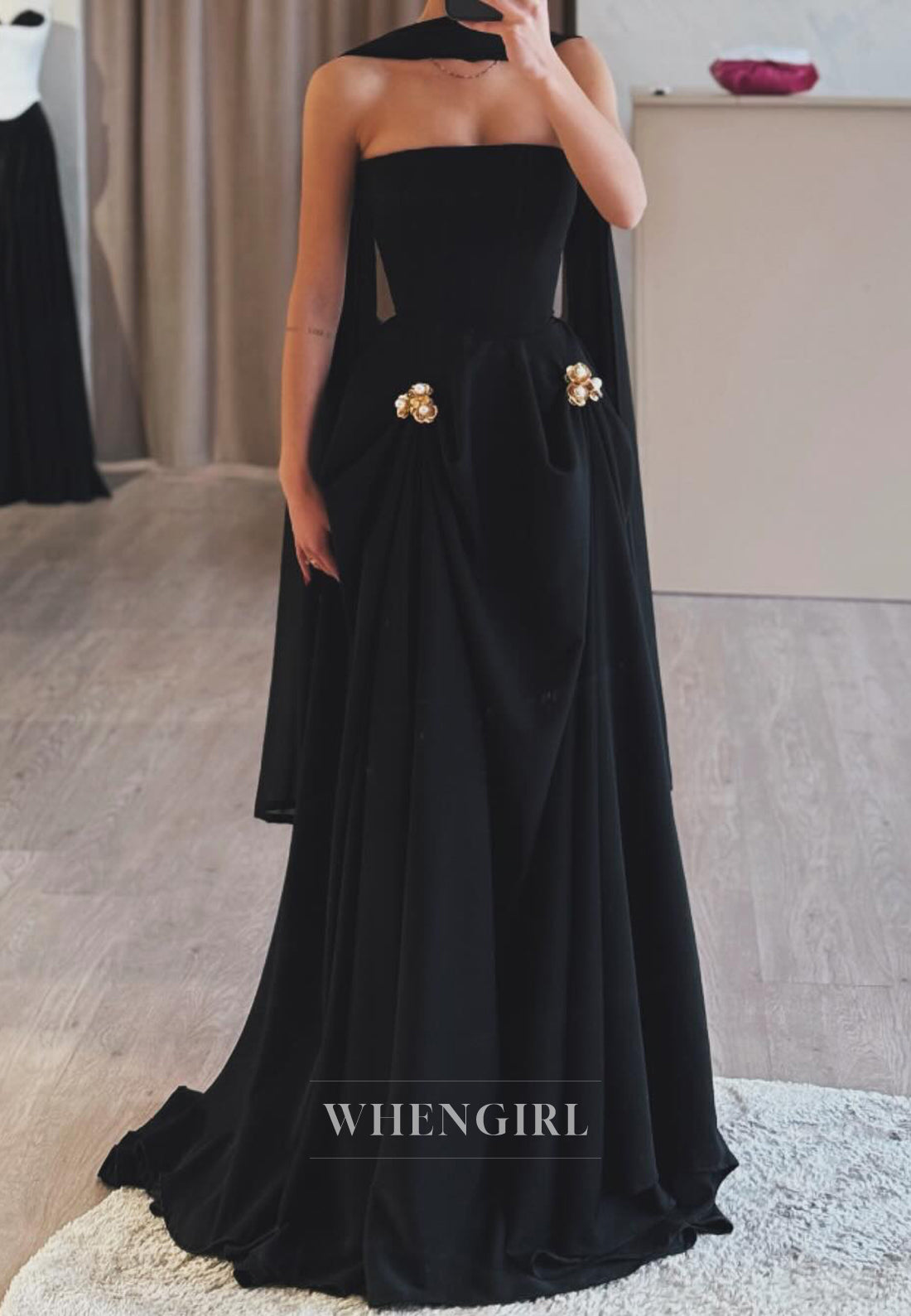 Charming Strapless A-Line Sleeveless Pleated Satin Black Prom Party Dress with Beads