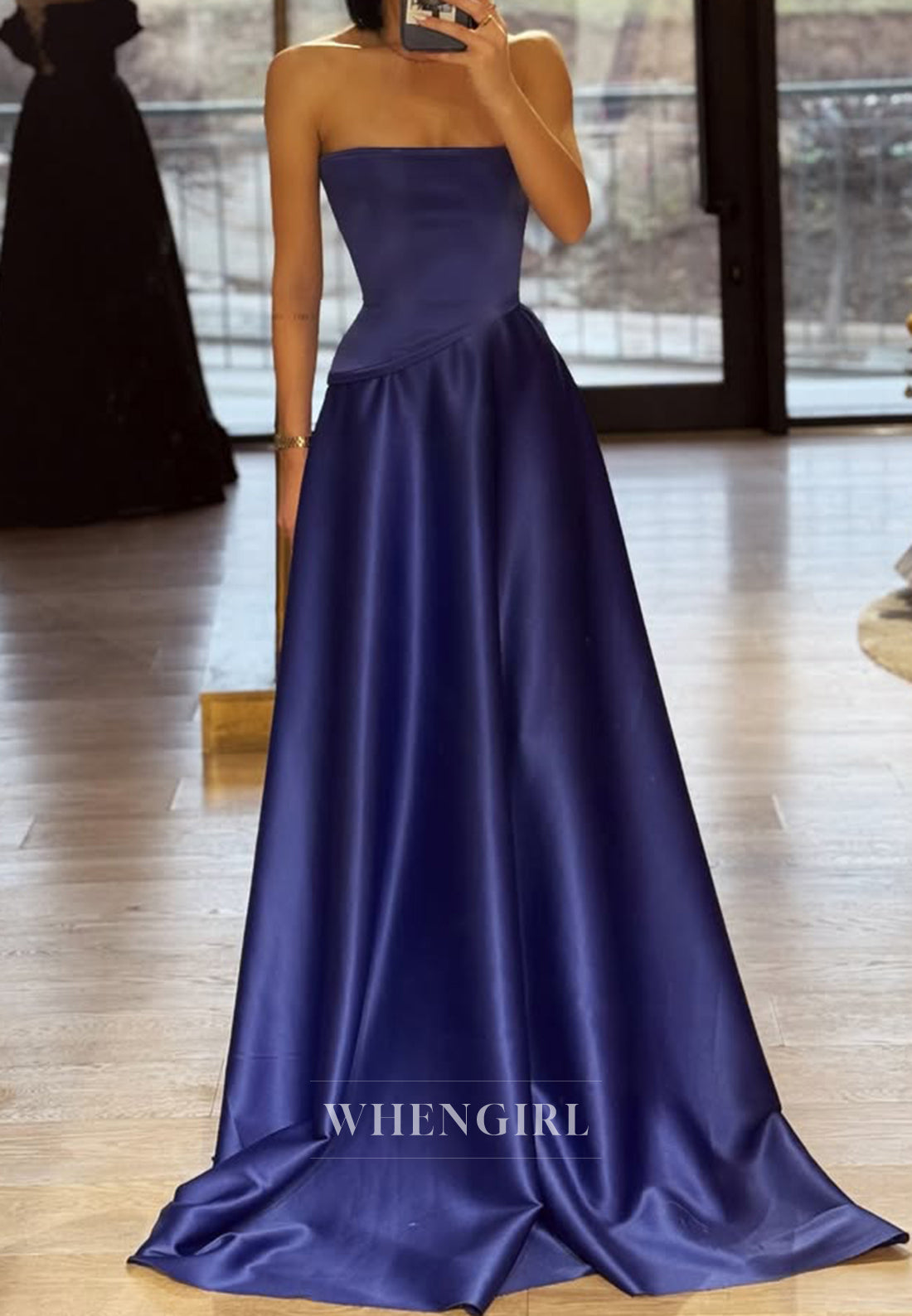 Simple A-Line Tube Top Sleeveless Pleated Long Satin Formal Prom Dress with Train