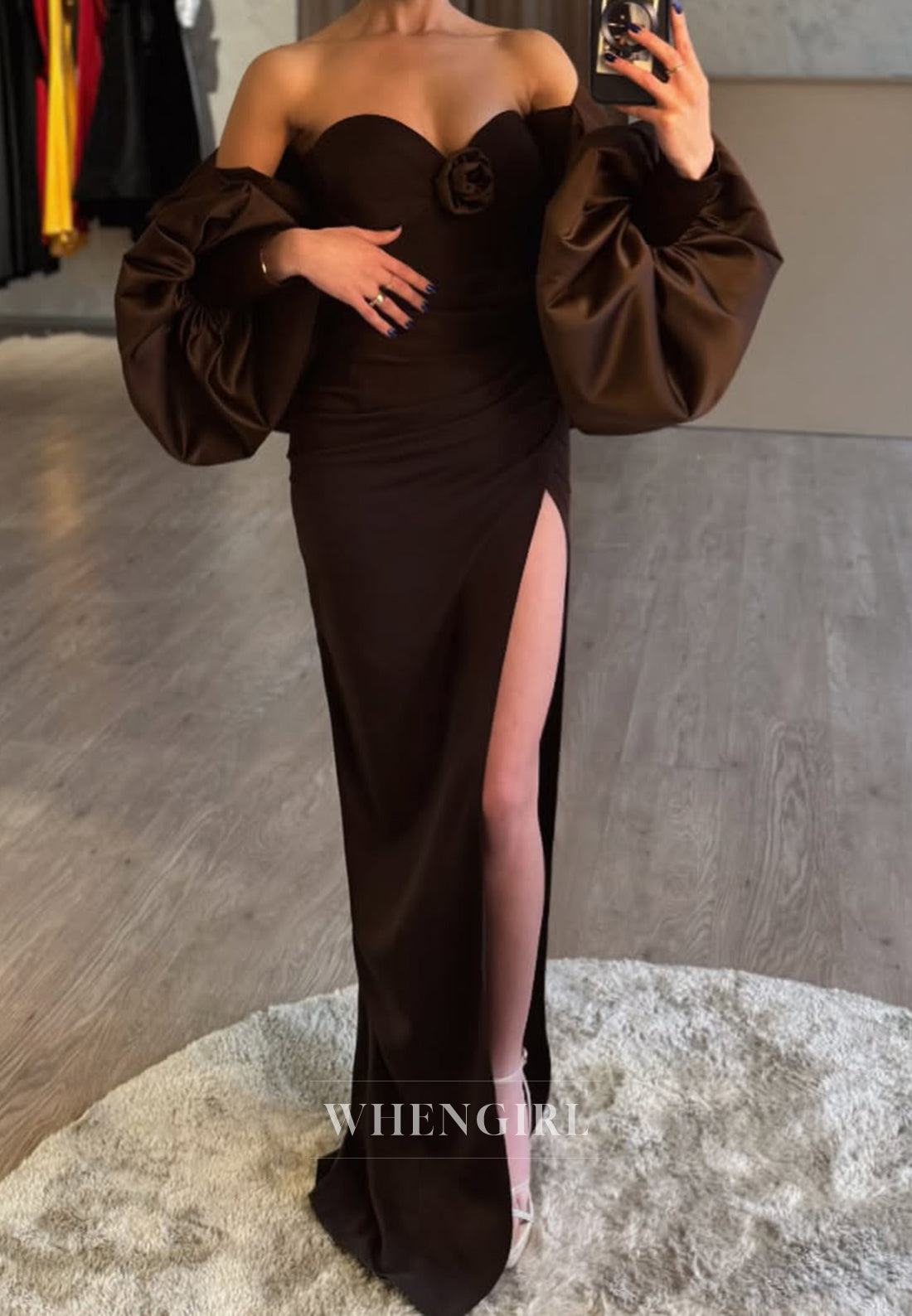 Graceful Sweetheart Sheath Prom Dress Long Sleeves High Slit Party Gown with Floral